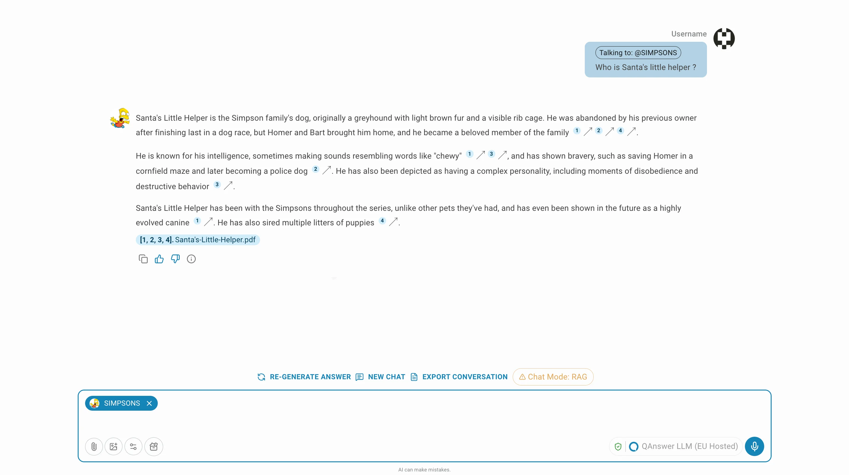 Chatbot page with AI Assistant answer