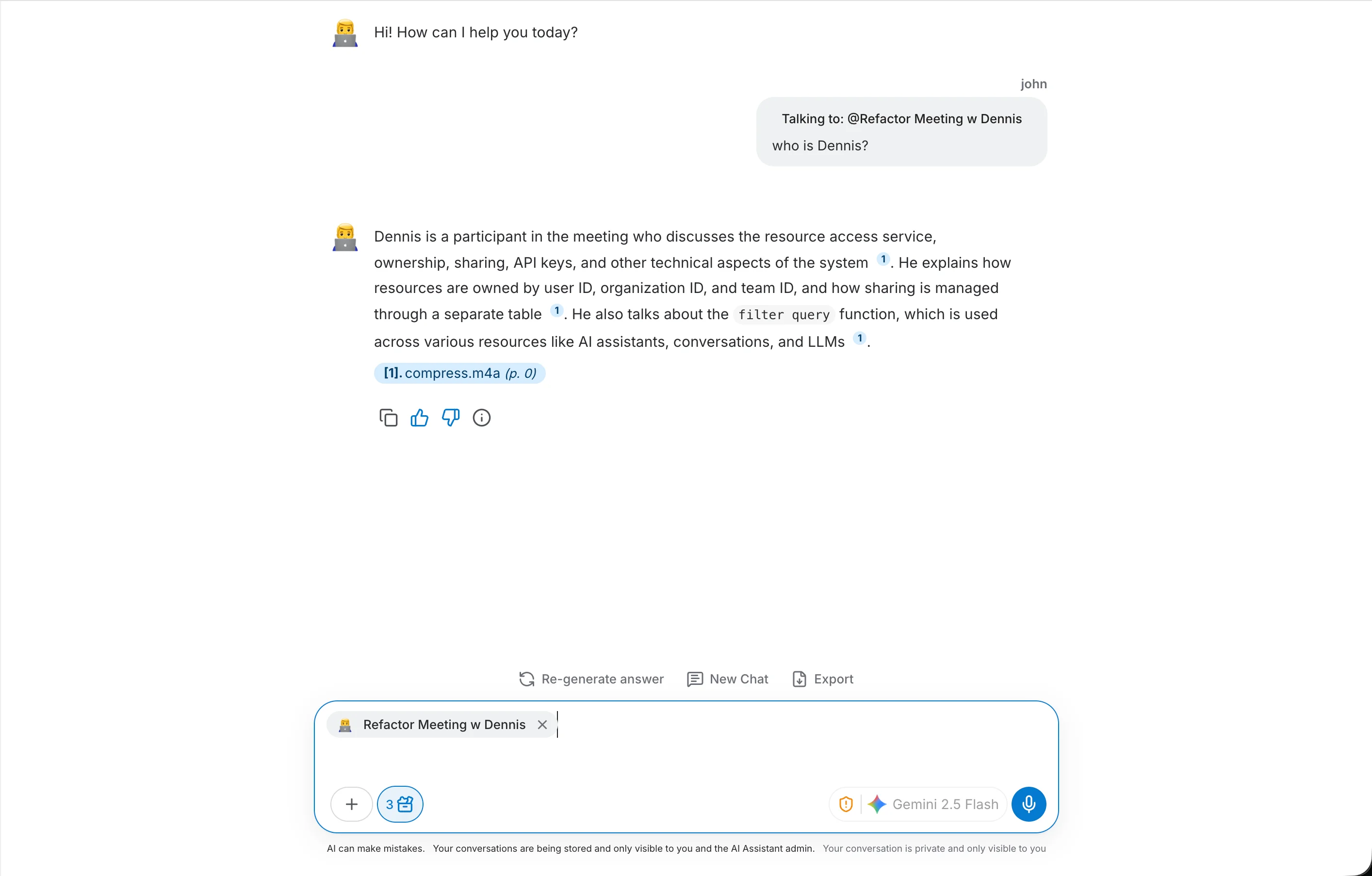 Chatbot page with AI Assistant answer