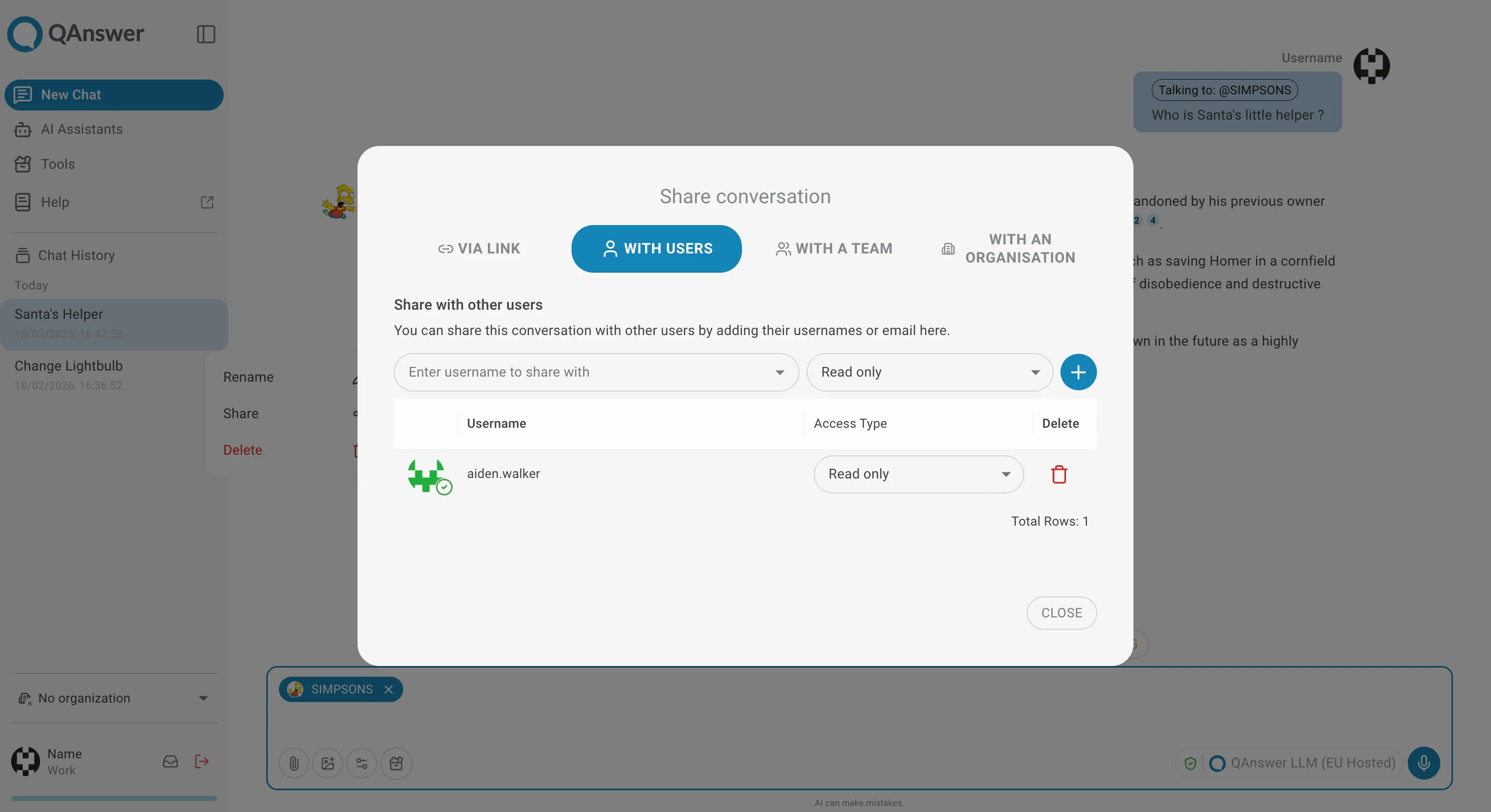 Chatbot page share options shared
