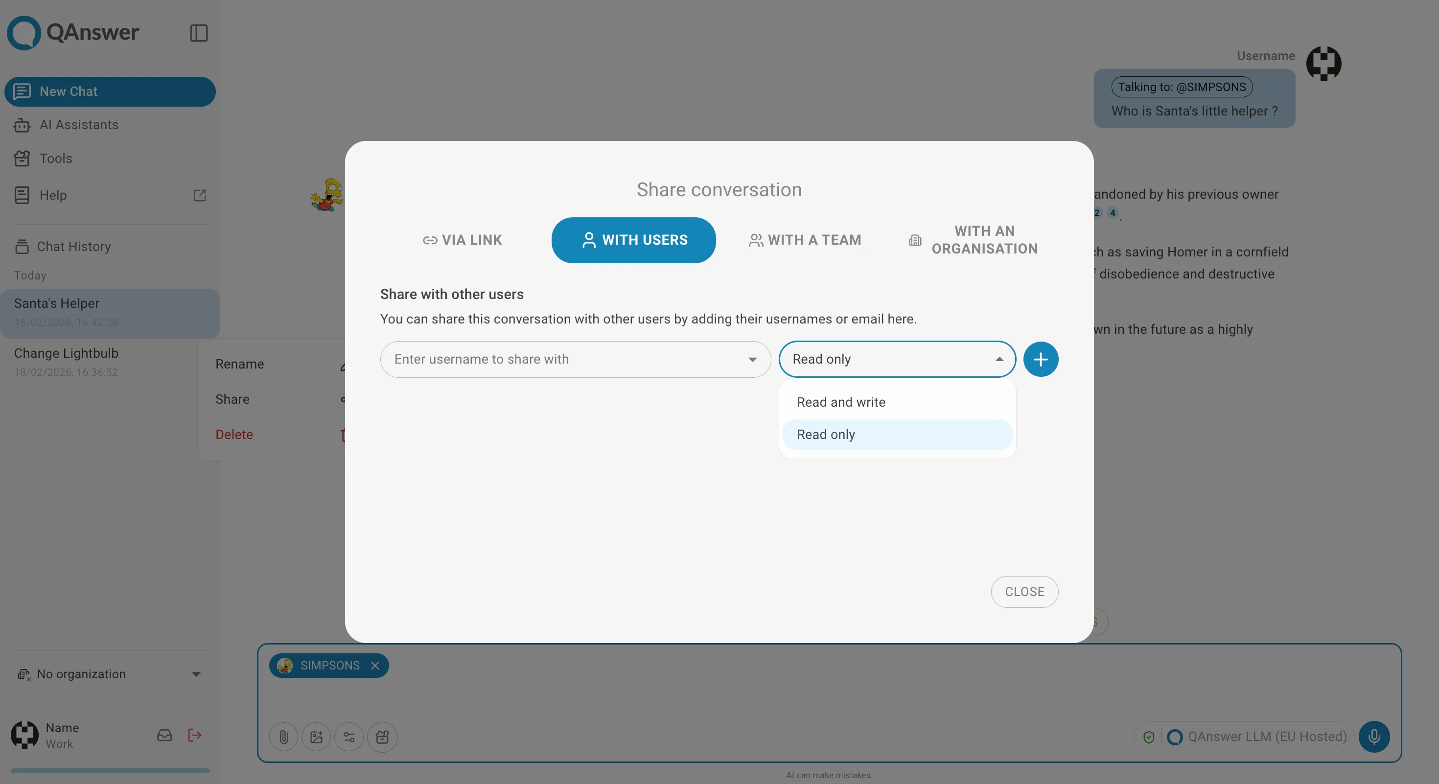 Chatbot page share options access rights