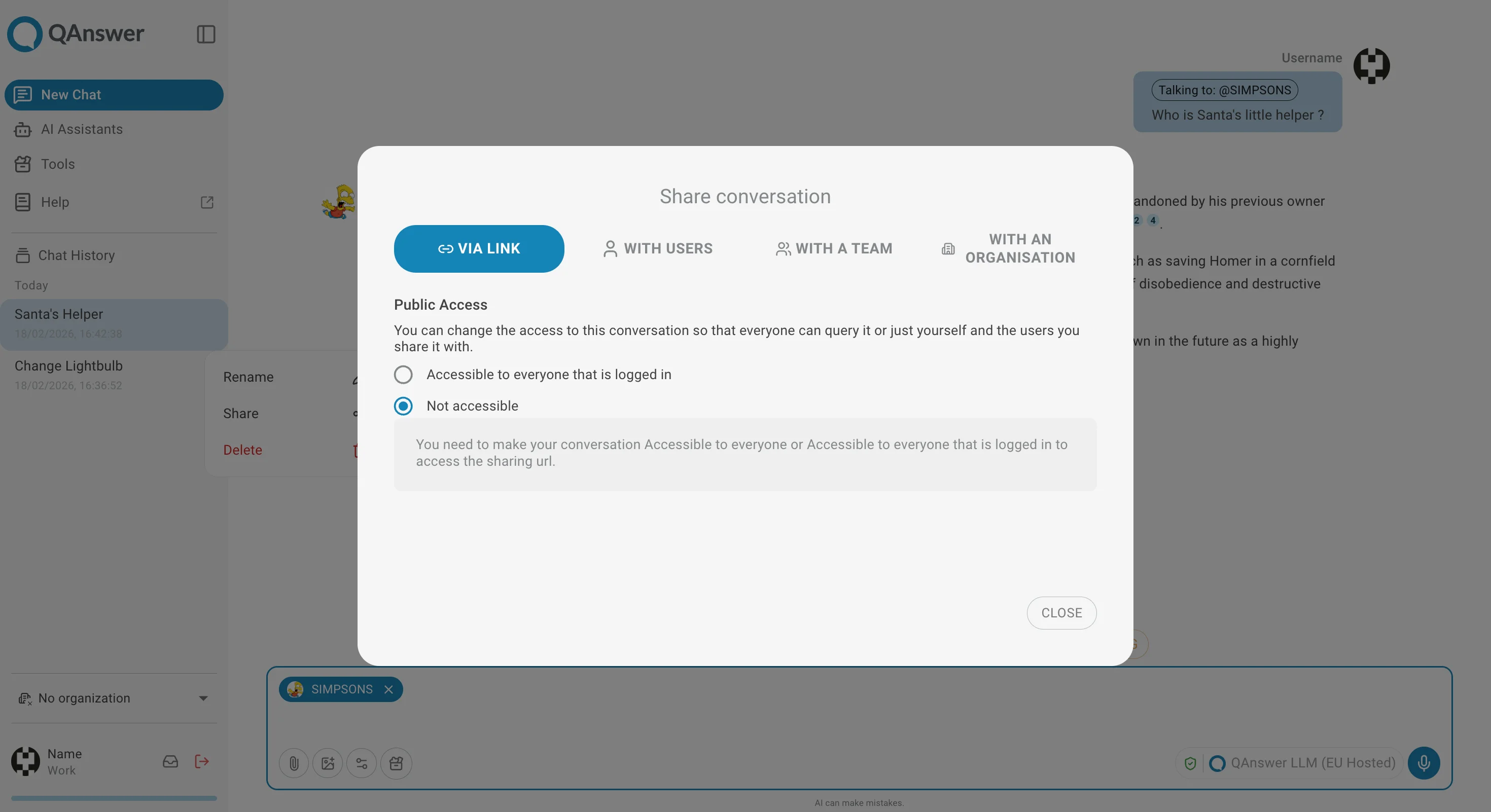 Chatbot page share options by link