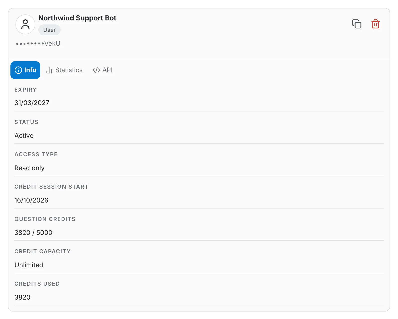 The Info tab of an API key's page, showing expiry, status, access type and credit metrics