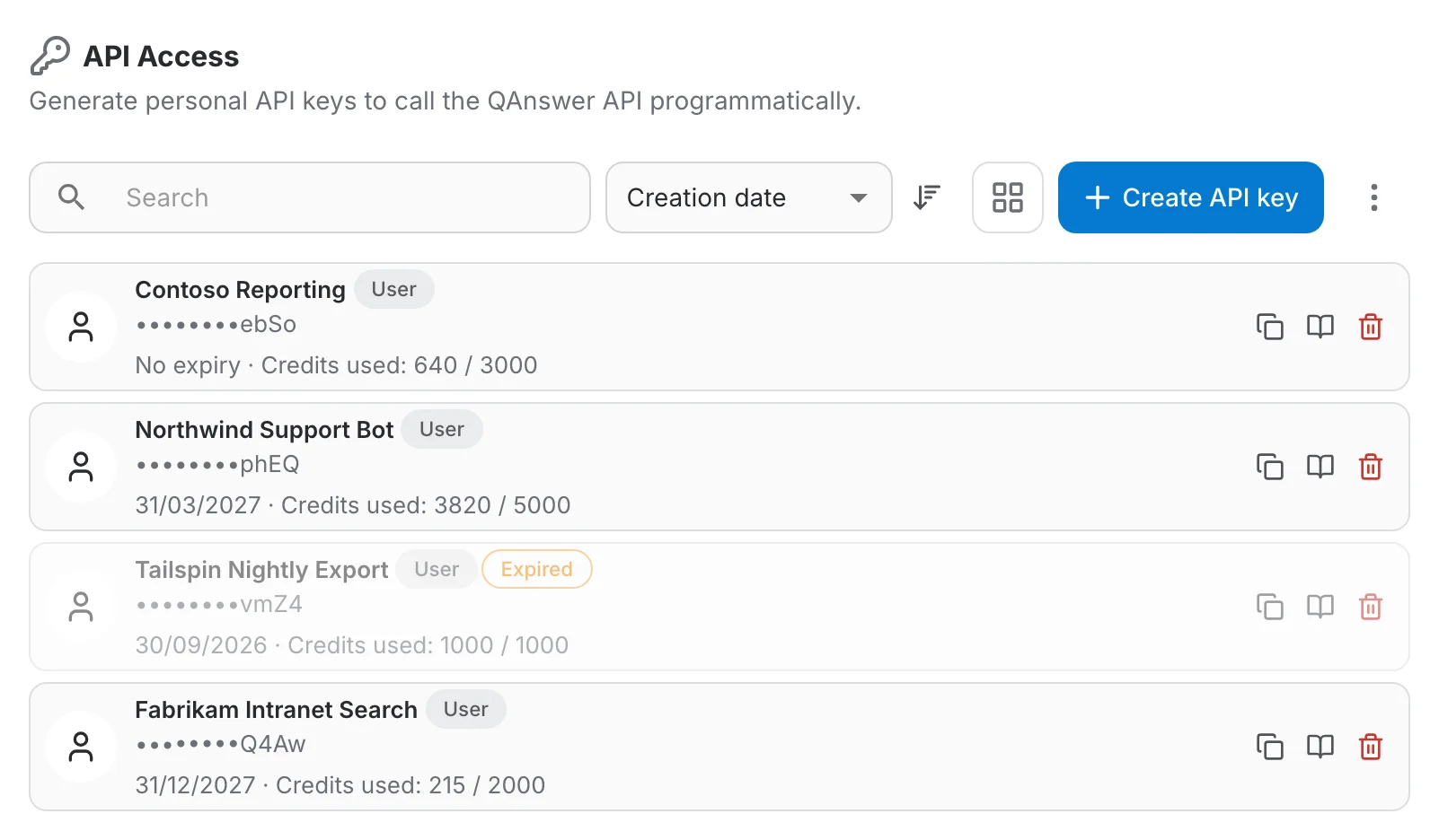 The API Access page listing several keys, one of them expired, with the sort menu next to the search field