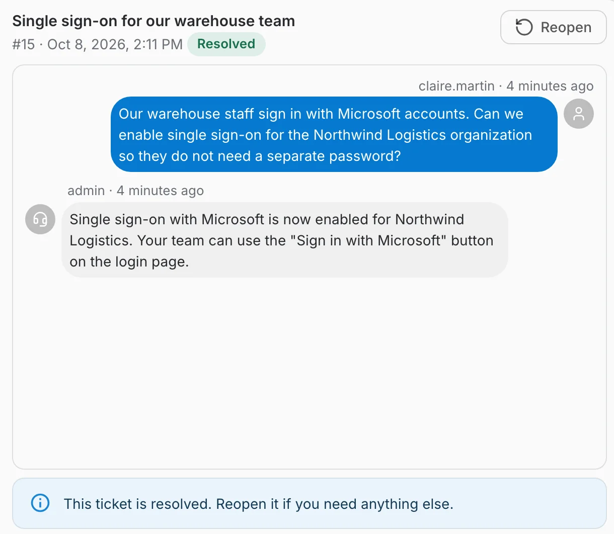 A resolved ticket with the Reopen button and the note that replies are closed until it is reopened