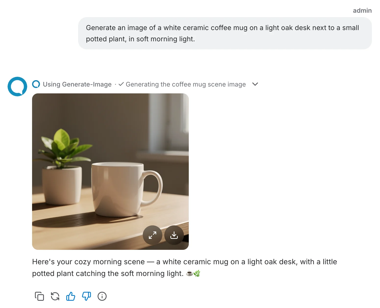 LLM Chat using the Generate Image tool to create a white coffee mug on a wooden desk next to a potted plant