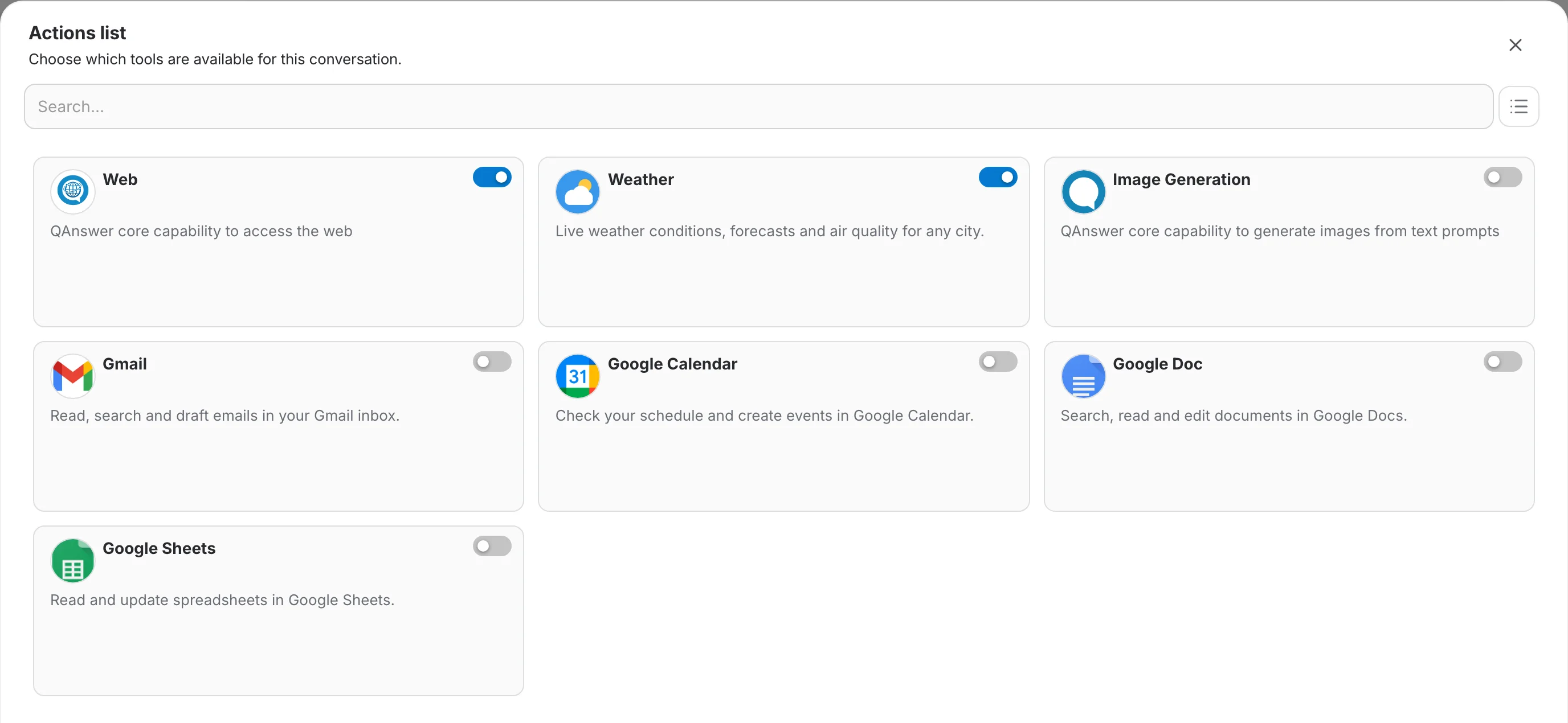 The Actions list with the Web and Weather servers enabled