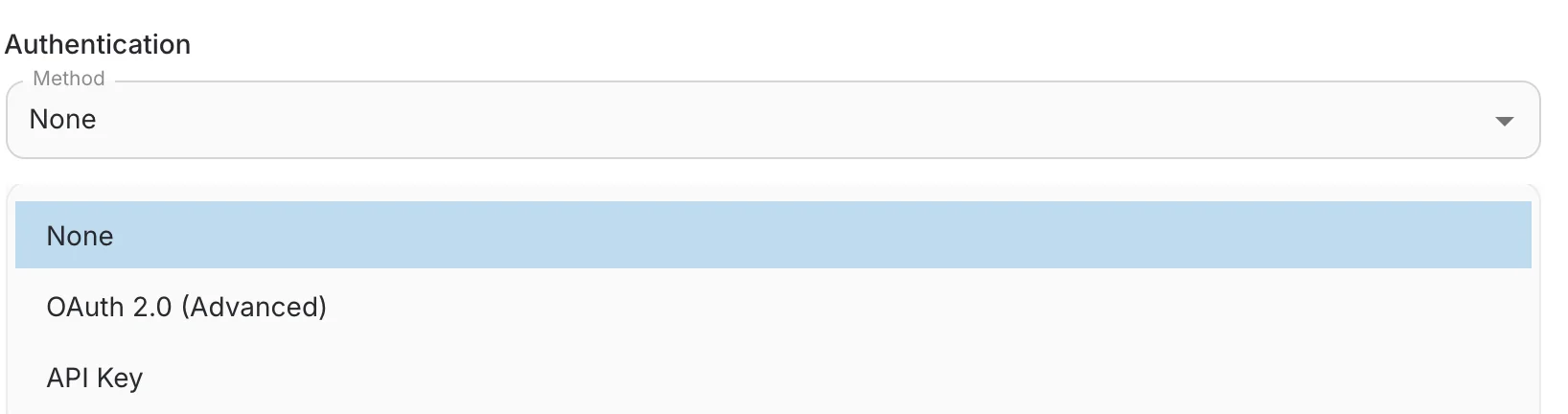 The authentication method dropdown with None, OAuth 2.0 (Advanced) and API Key
