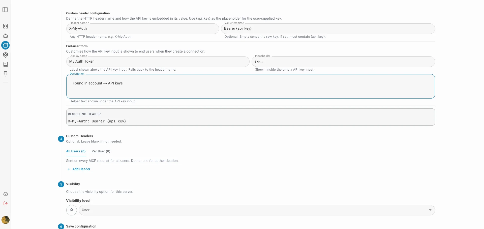 Custom API key header configuration