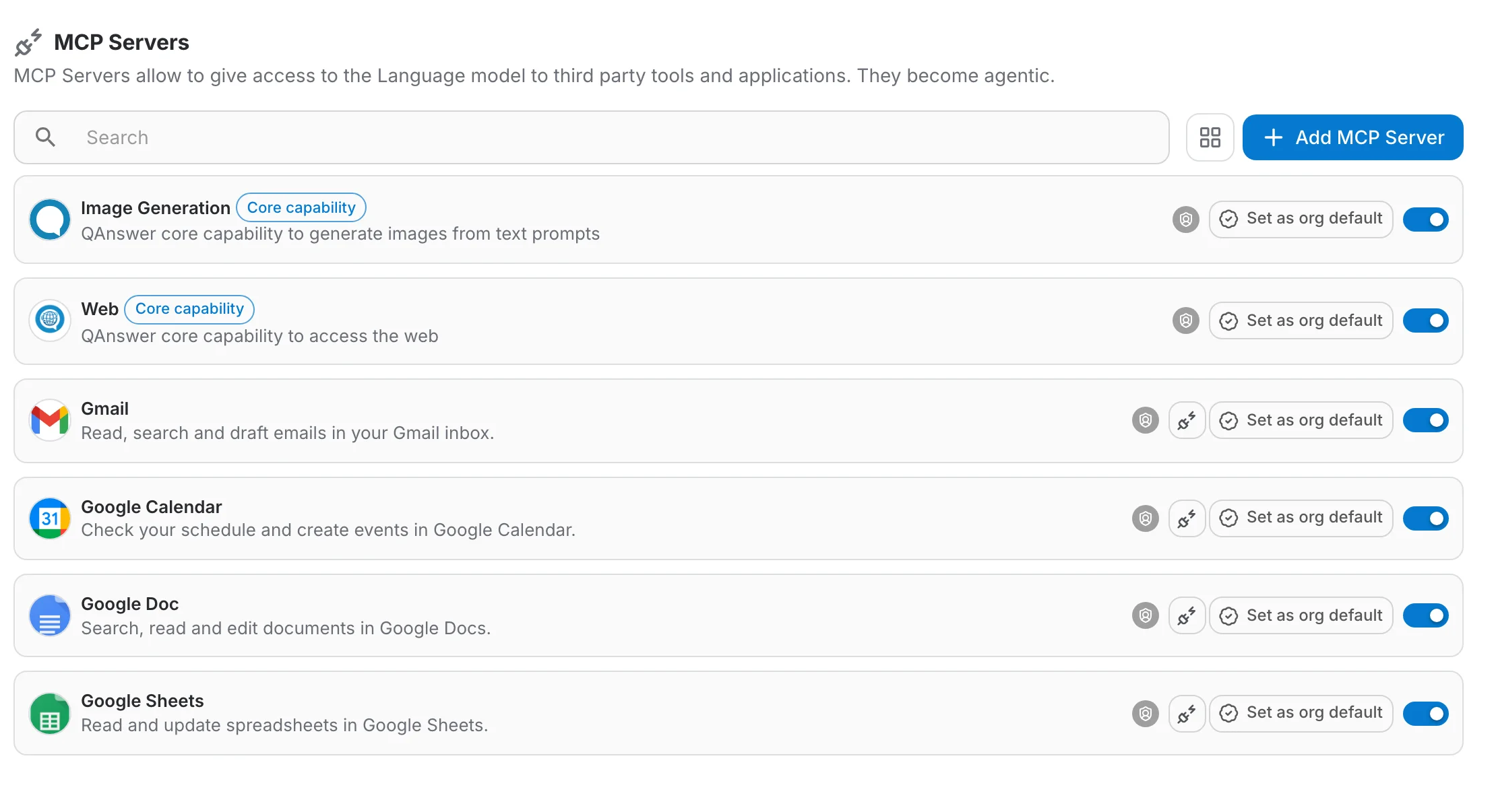 The organization MCP page with activation switches and Set as default