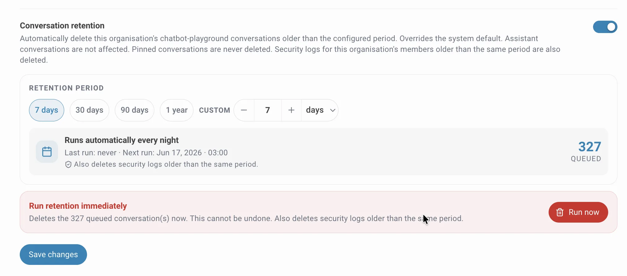 Conversation retention in the organization config