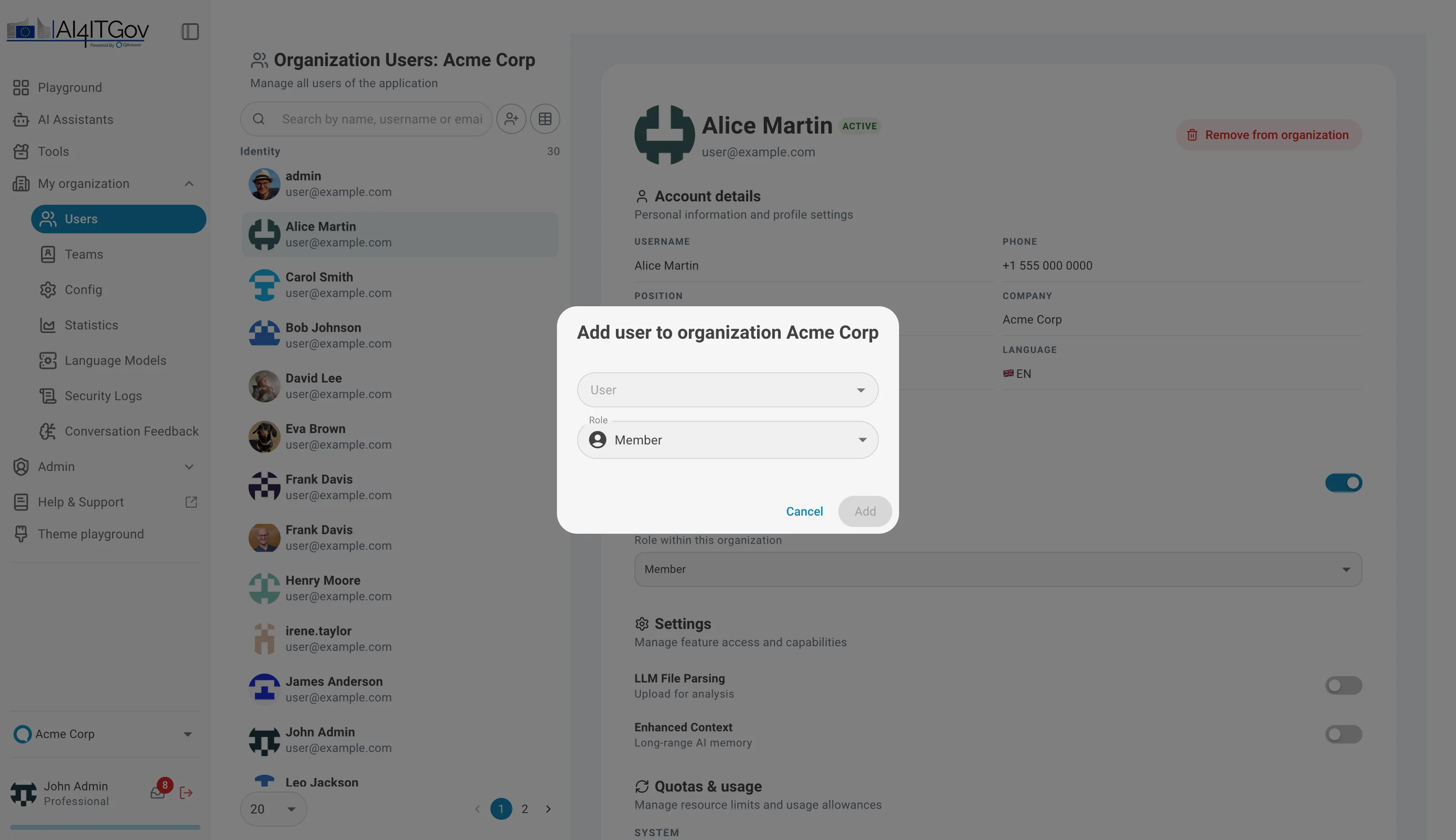 add member to organization dialog
