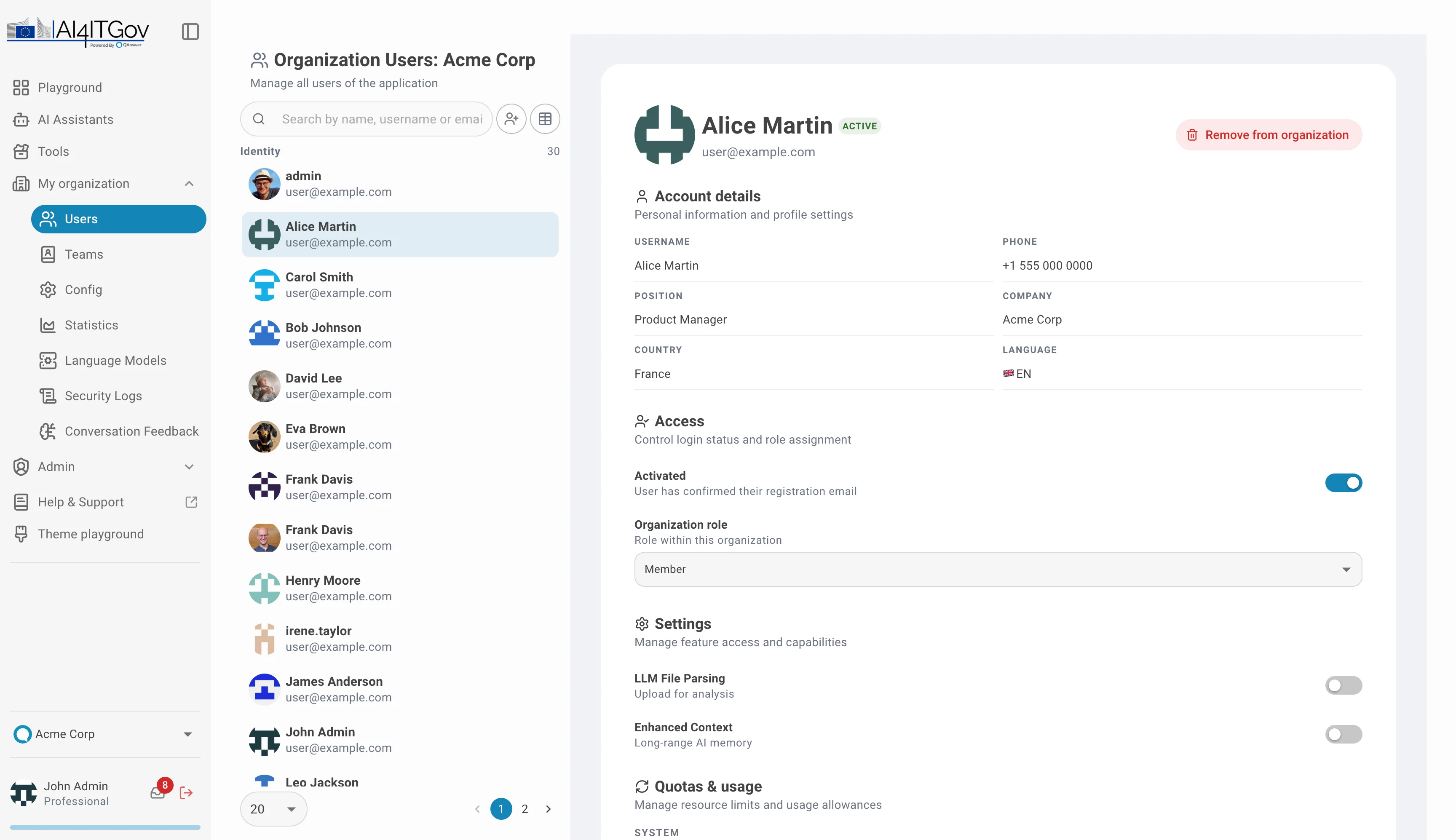 organization user detail panel — quotas and teams