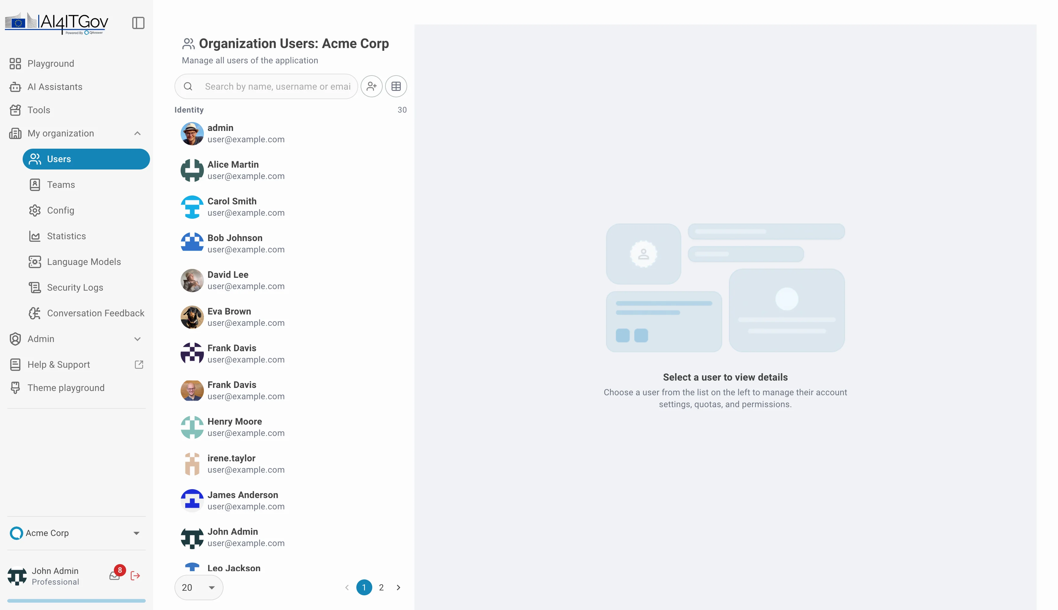 organization users list view with placeholder