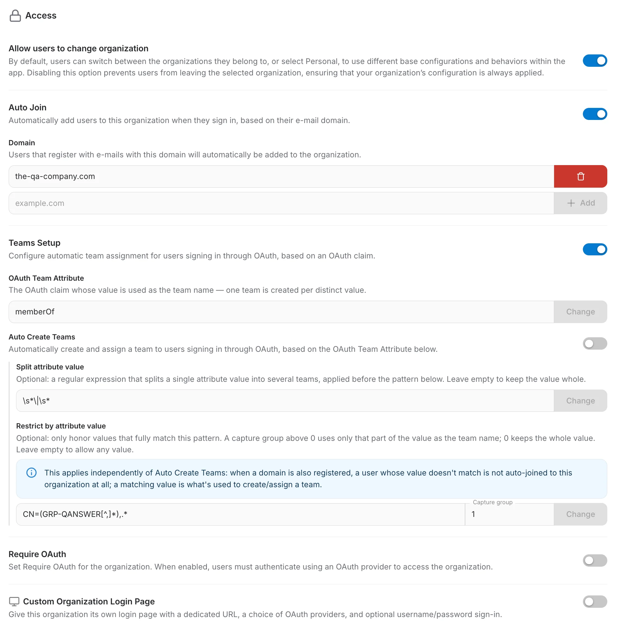 The Access page: Auto Join revealing Domain and OAuth Team Attribute, with Teams Setup off and Restrict organization access independently configured and saved, above Require OAuth