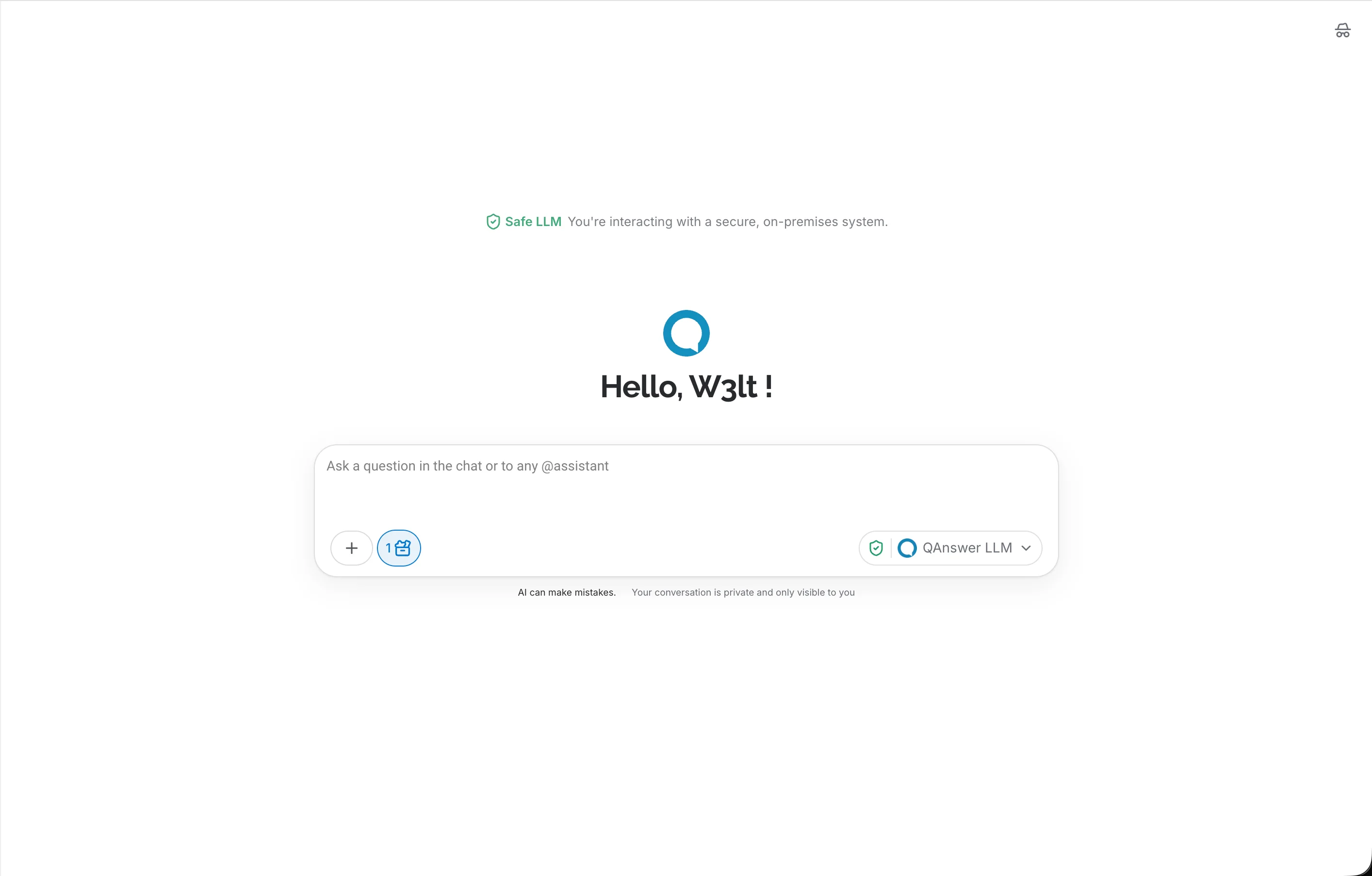 Chat welcome screen with LLM security message on — Safe LLM banner shown