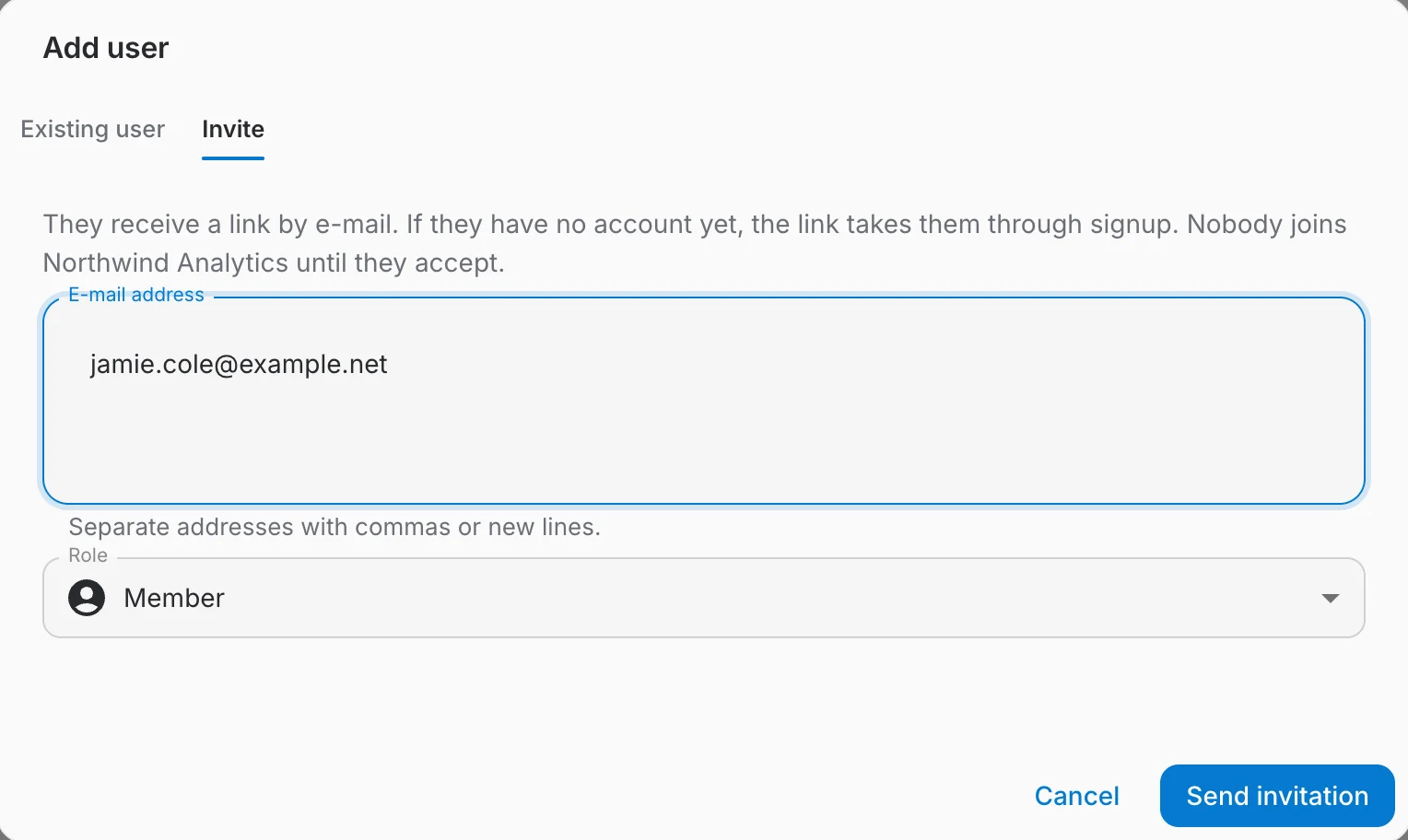 the Invite tab of the Add user dialog