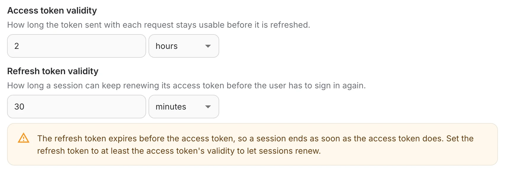 warning shown when the refresh token is shorter than the access token