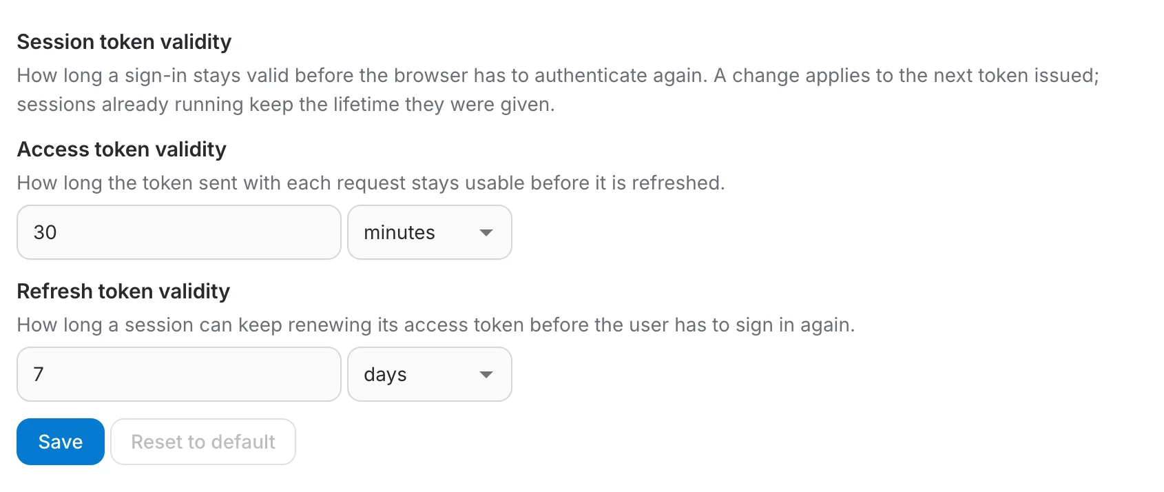 Session token validity section with a 30-minute access token and a 7-day refresh token
