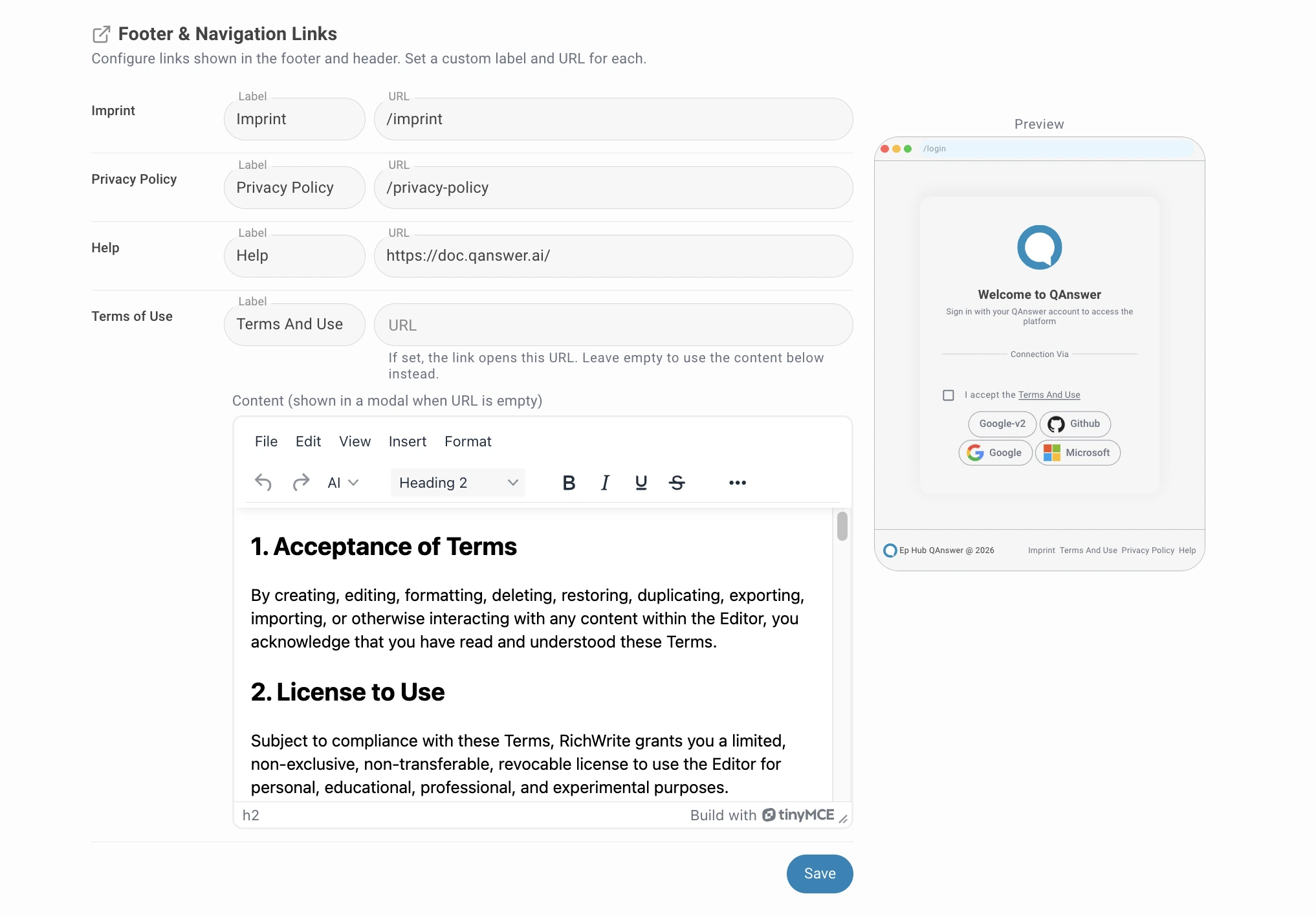 admin config footer and navigation