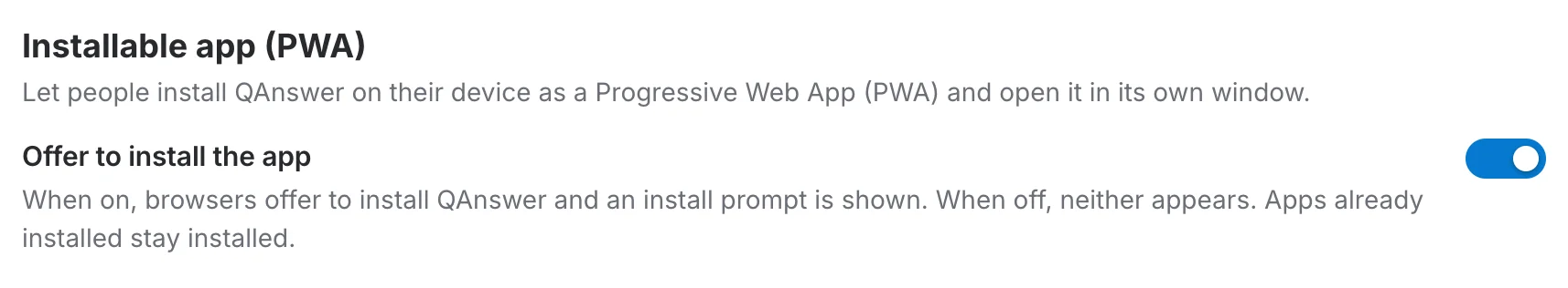 Installable app (PWA) section with the Offer to install the app switch