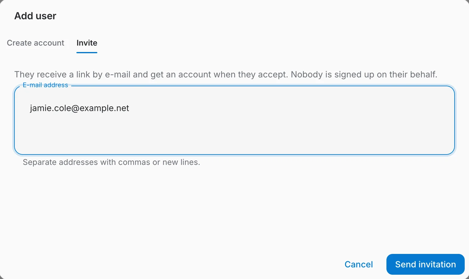 the Invite tab of the Add user dialog