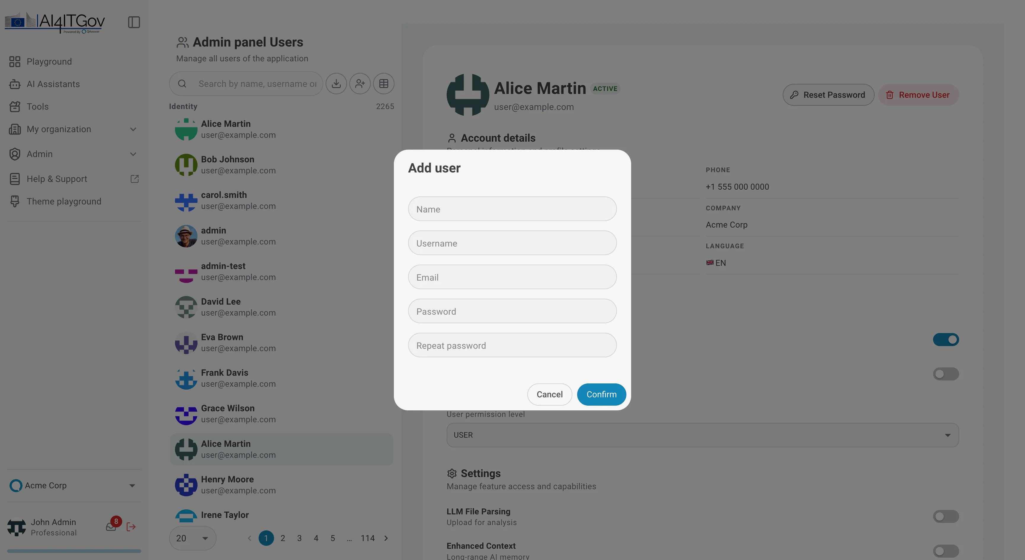 admin panel add user dialog