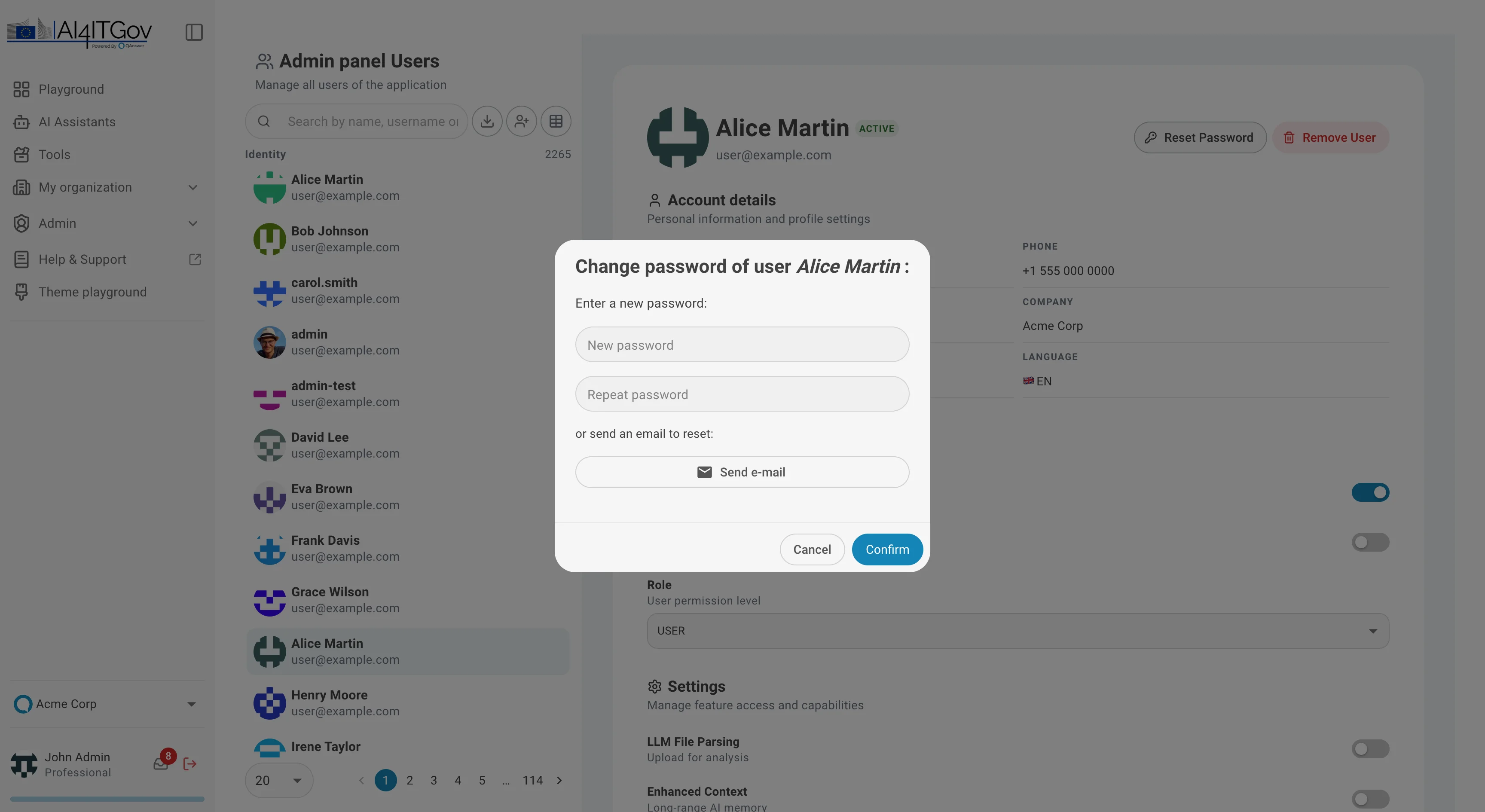 admin panel reset password dialog