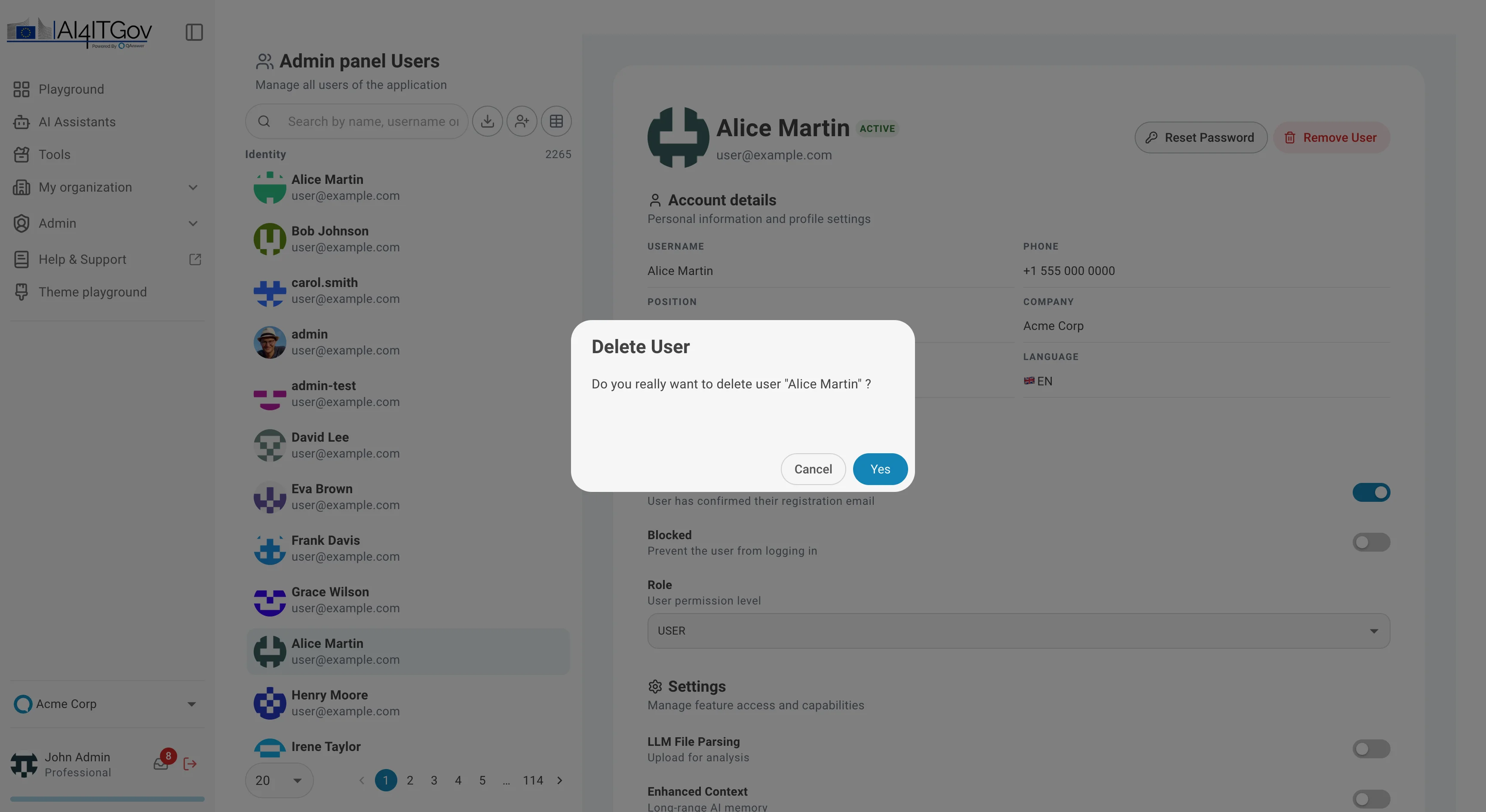 admin panel delete user dialog