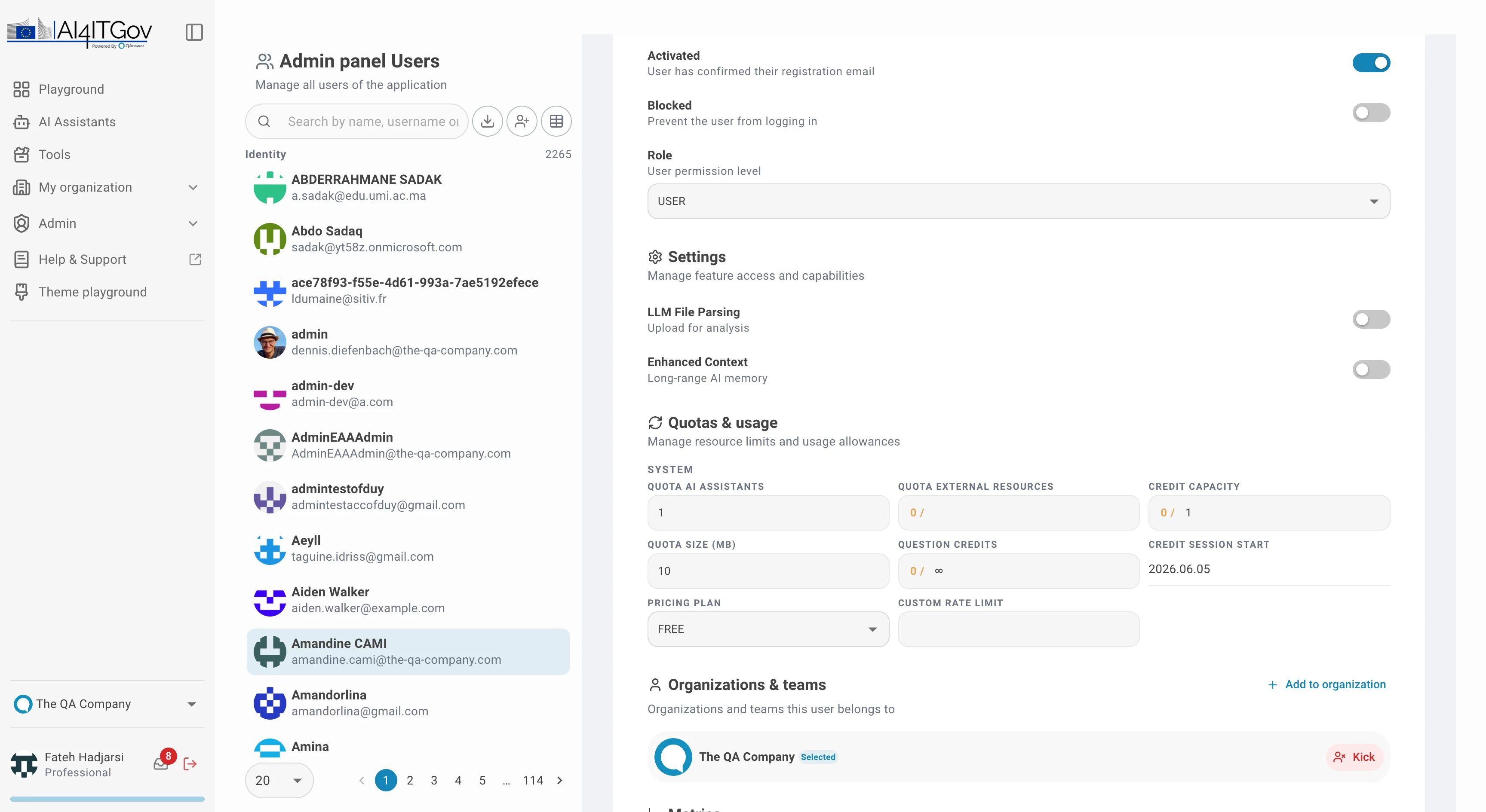 admin user detail panel — quotas, organizations, metrics