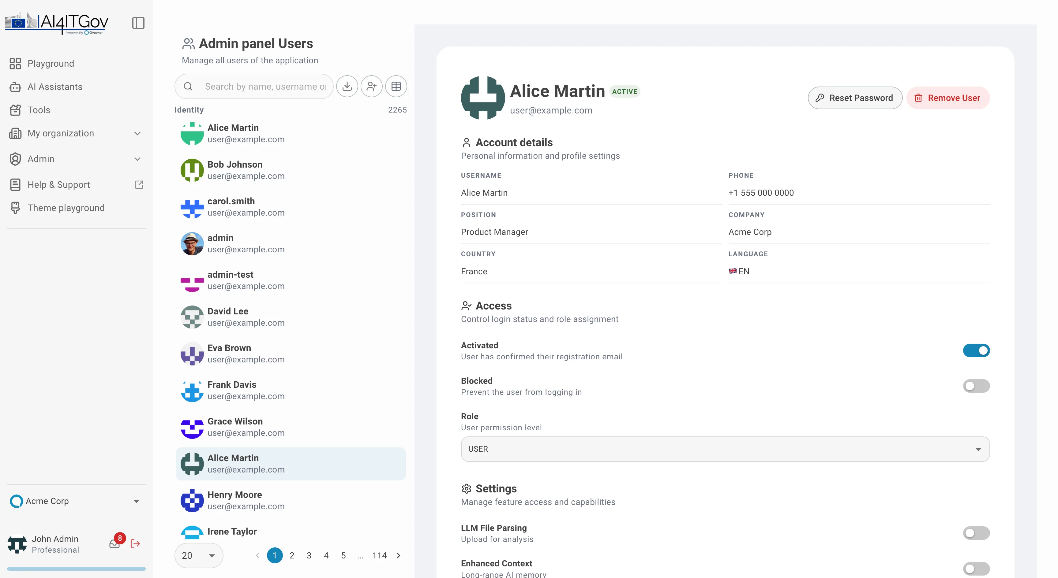 admin user detail panel — account, access, settings