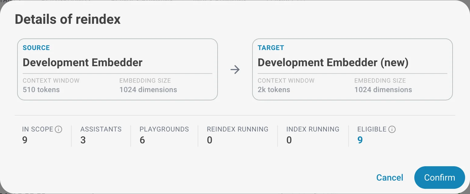 Confirm reindex dialog showing source and target embedder details