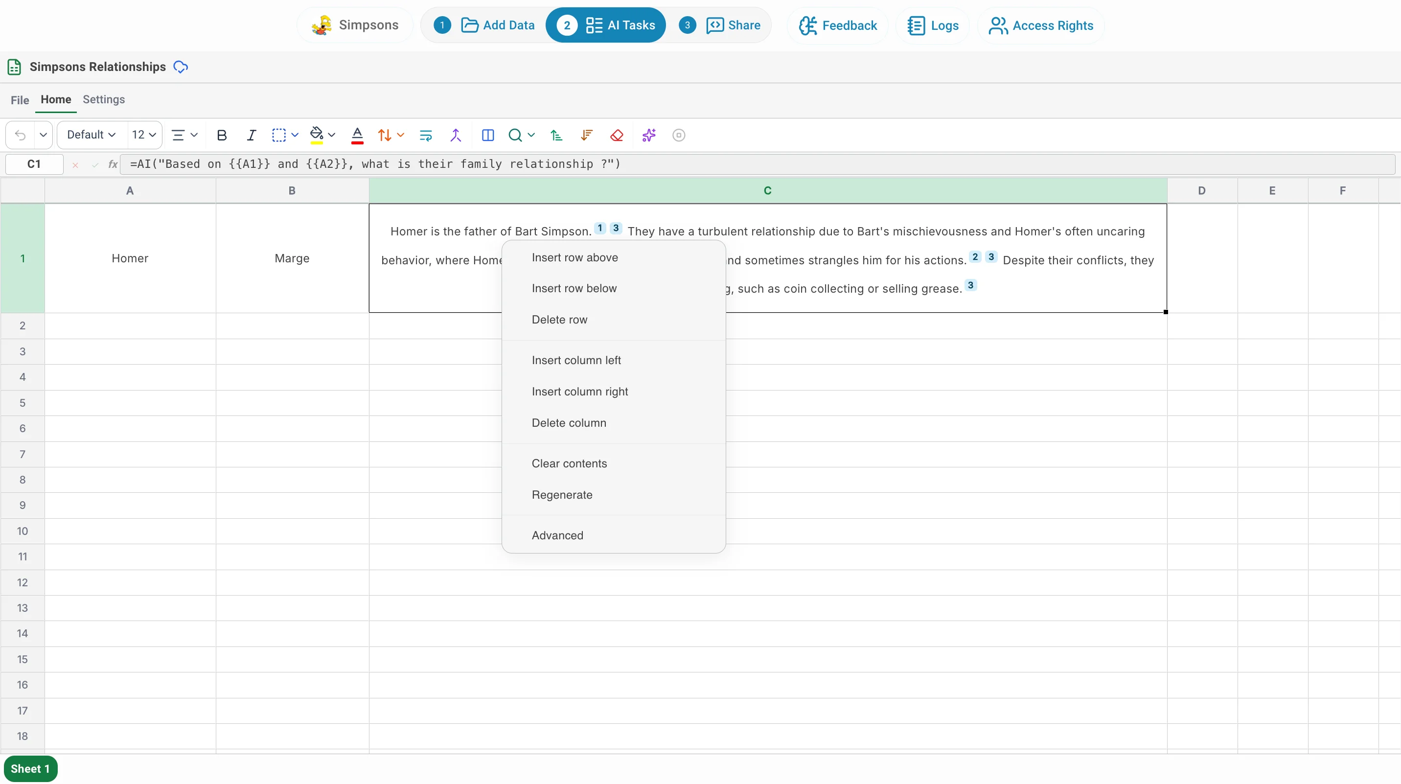 AI Spreadsheet cell context menu