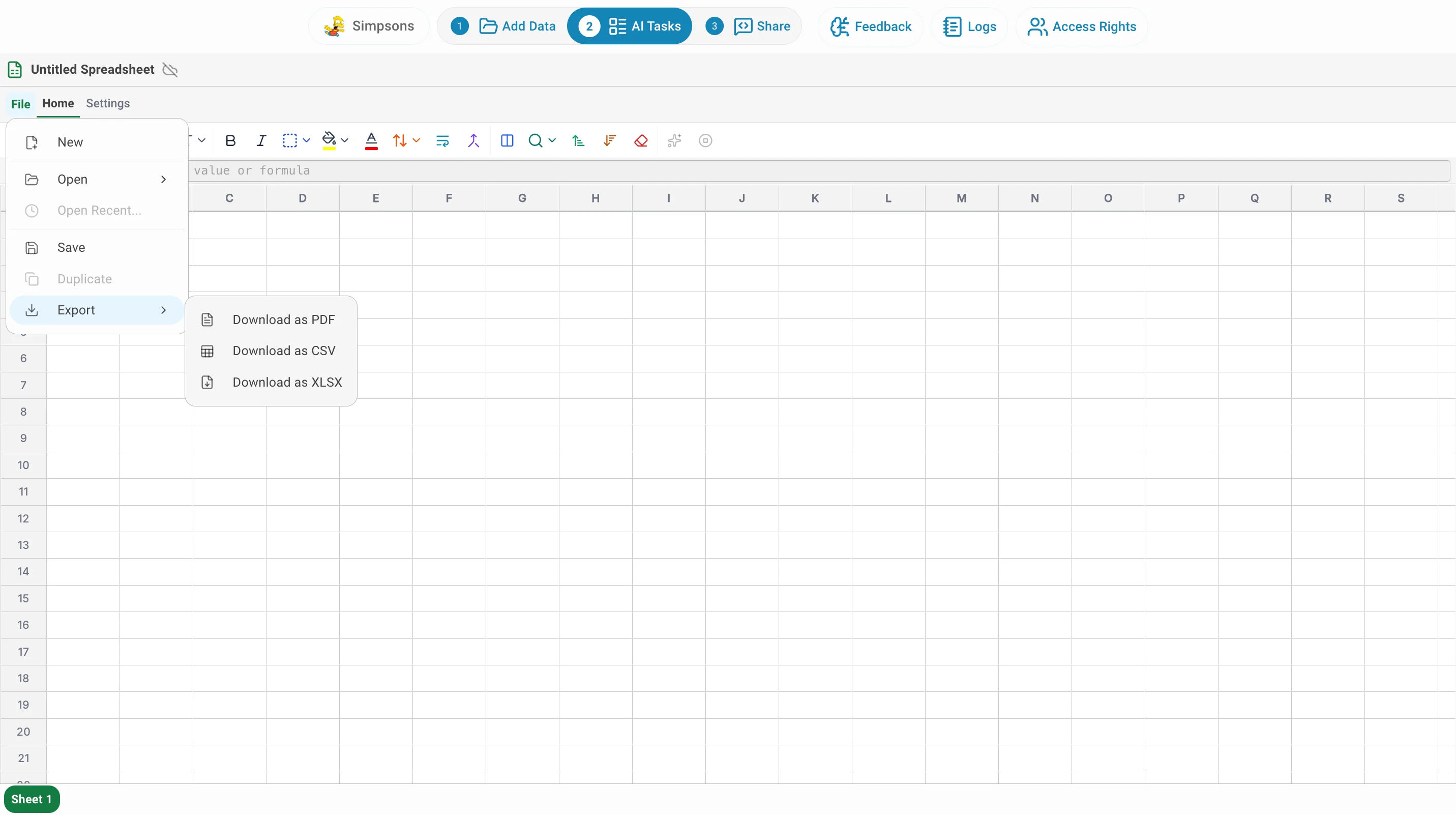 AI Spreadsheet File menu