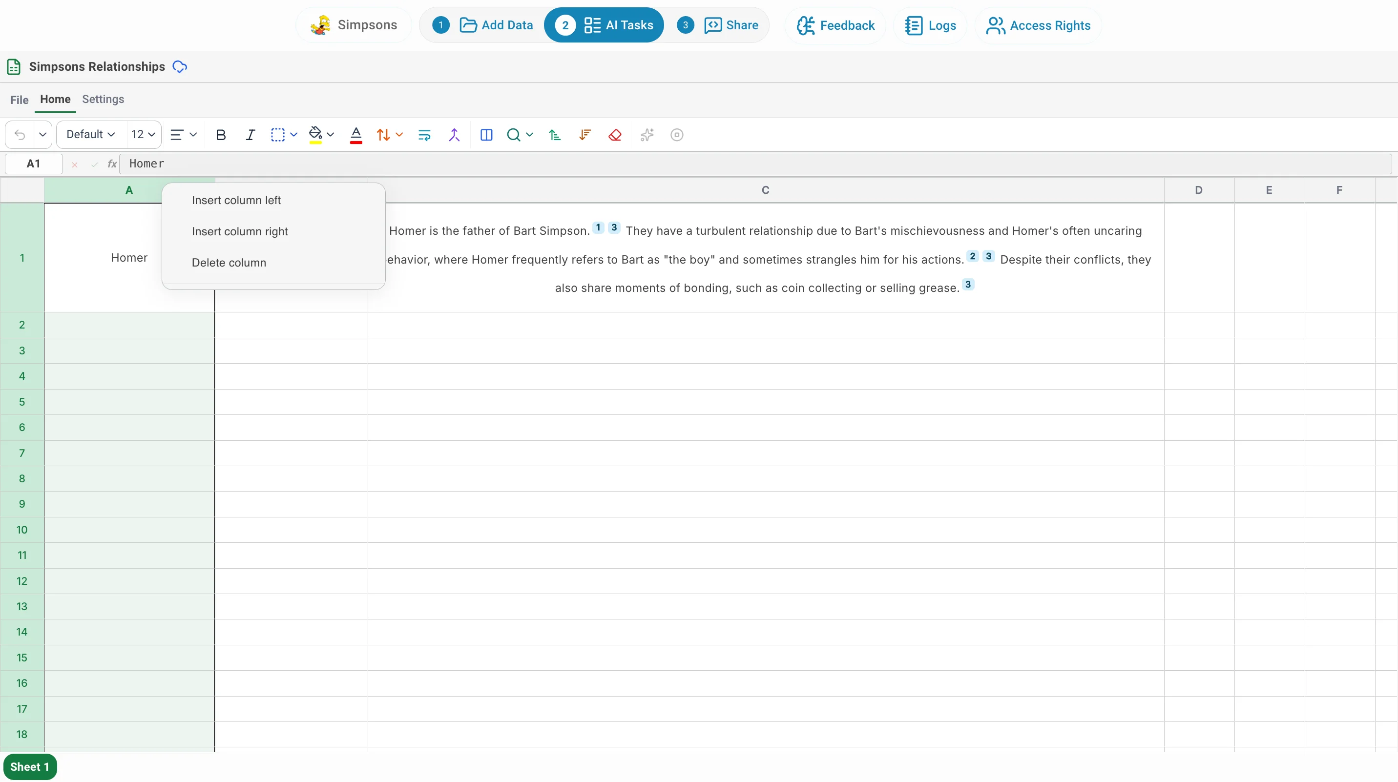 AI Spreadsheet header context menu