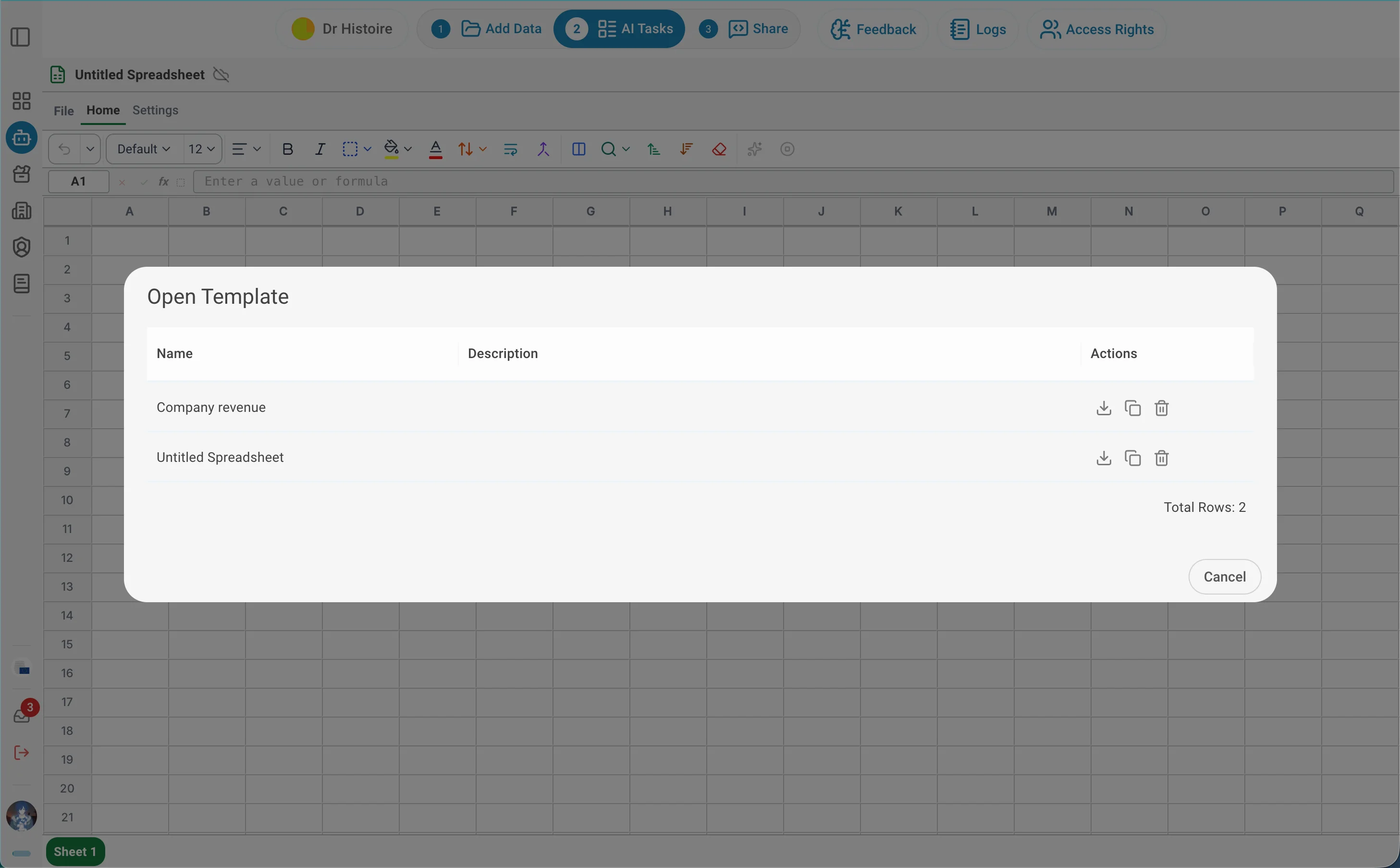 AI Spreadsheet Load Dialog