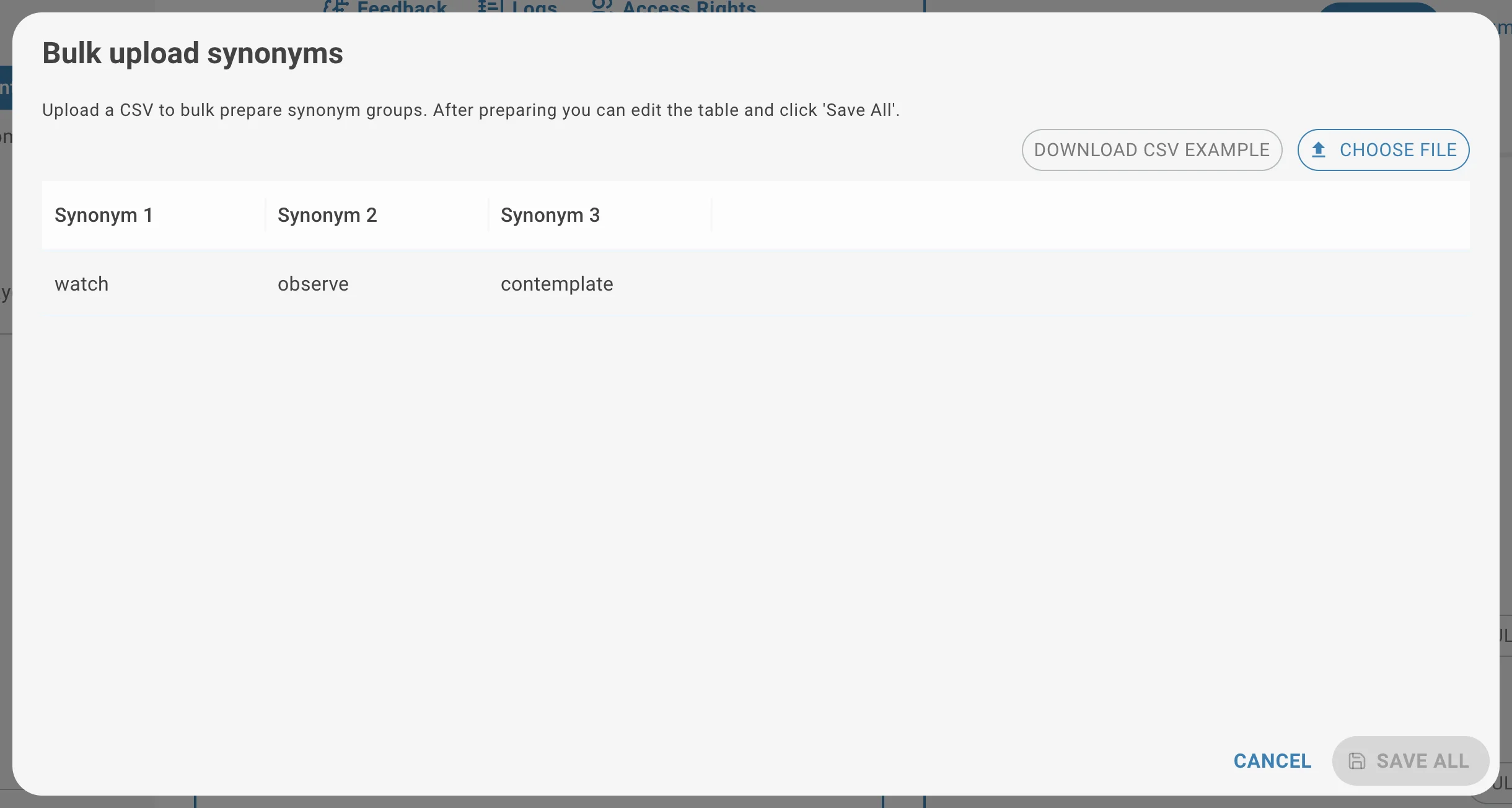 AI Task synonyms bulk upload