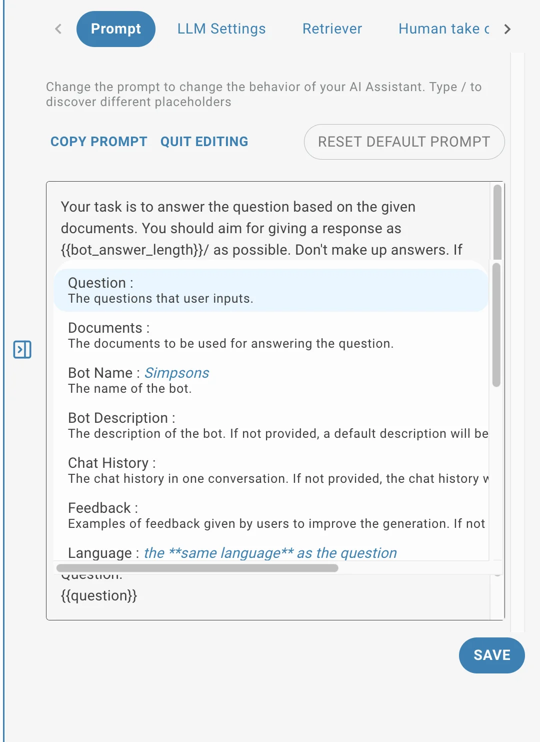 AI Task prompt variables list