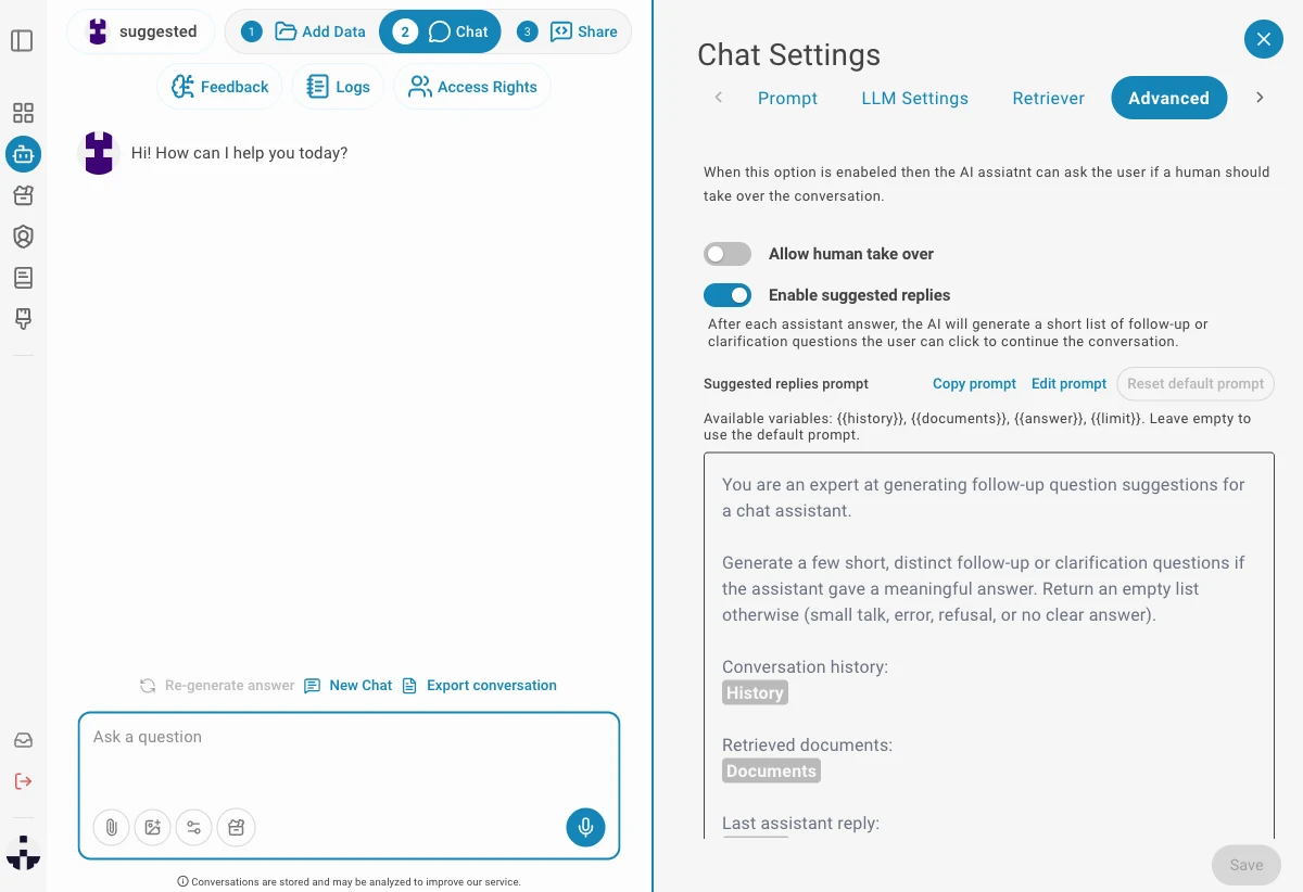 Suggested Replies toggle in Advanced settings