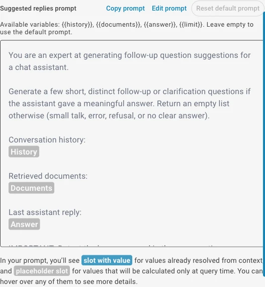 Suggested Replies custom prompt editor