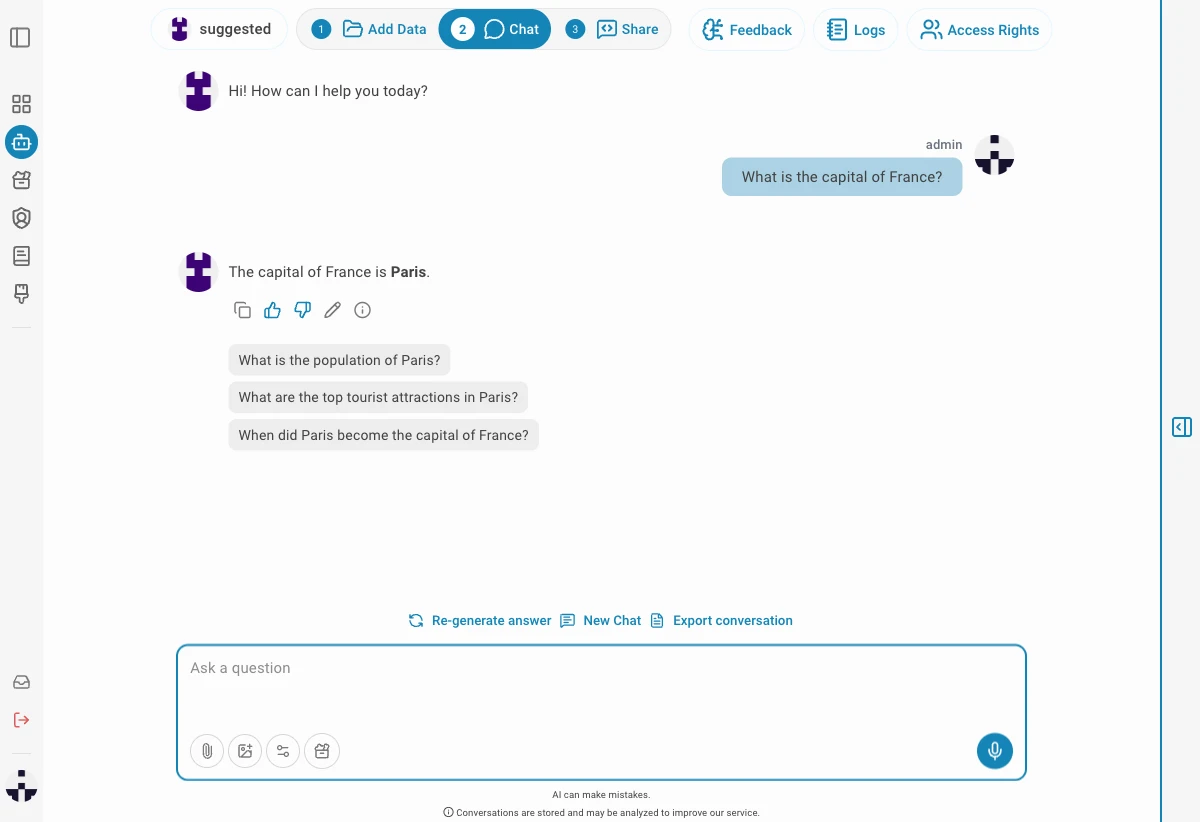 Suggested reply bubbles below an assistant answer