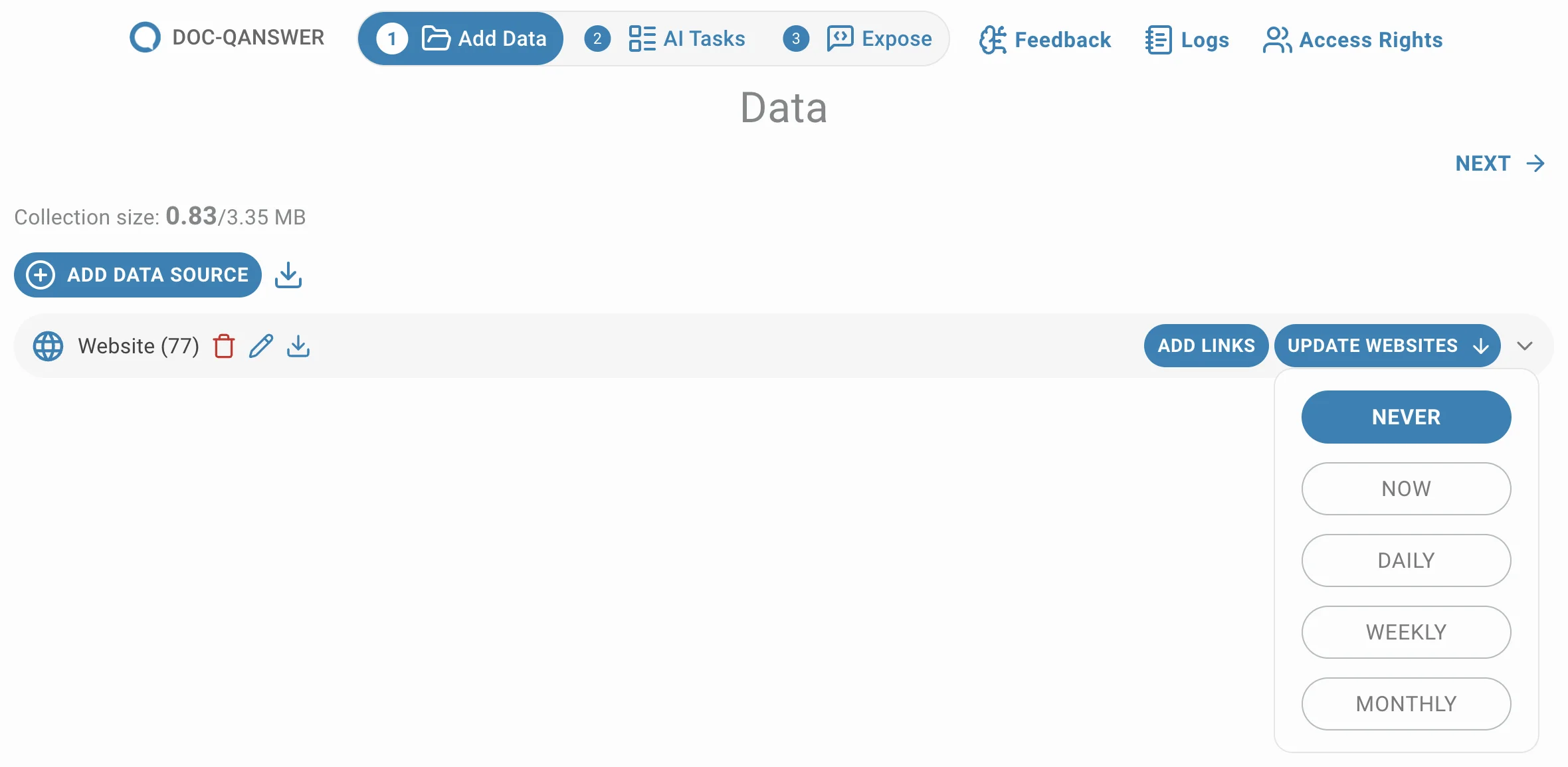 Data Source update frequency options