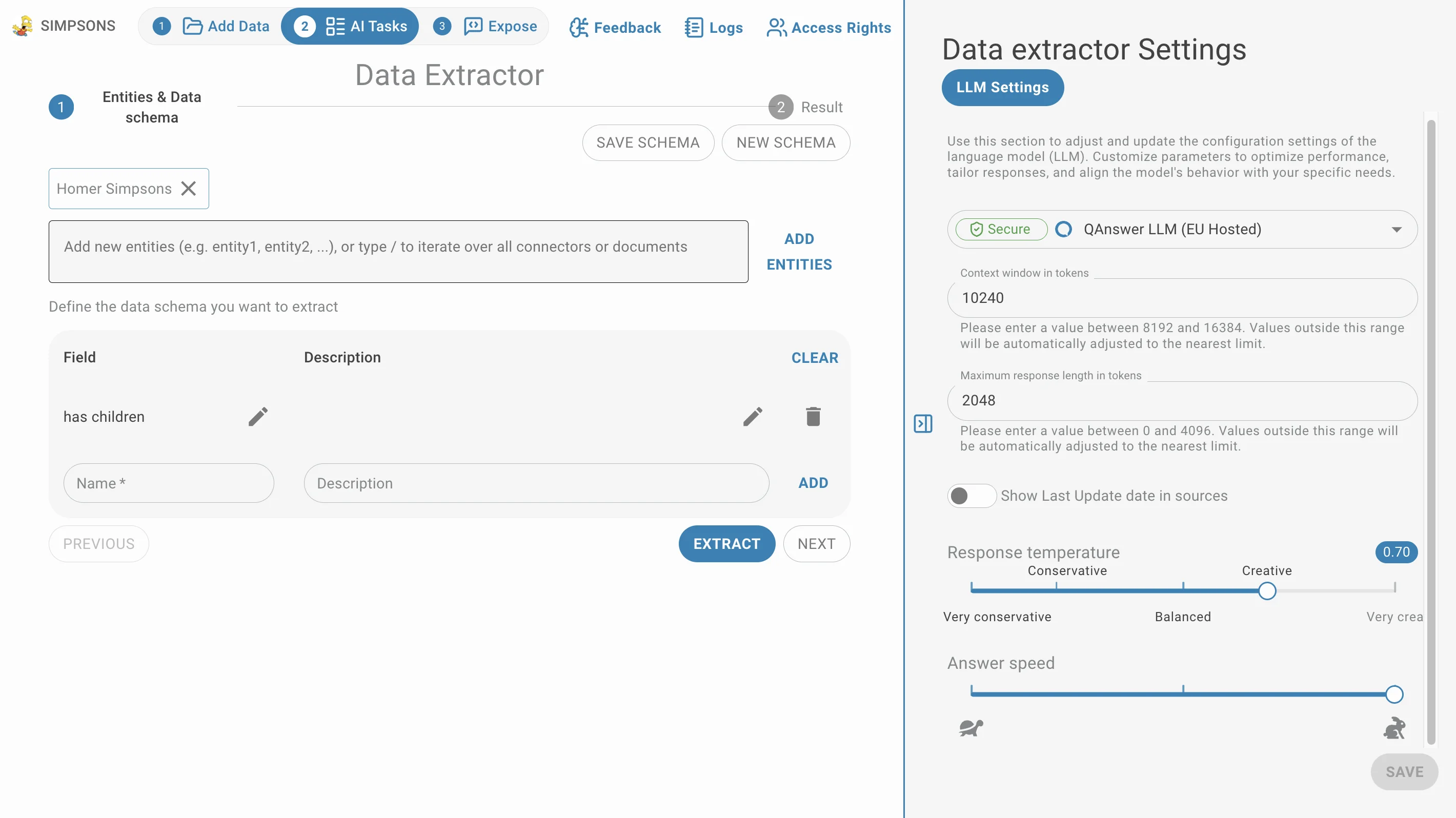data-extractor pages settings LLM settings