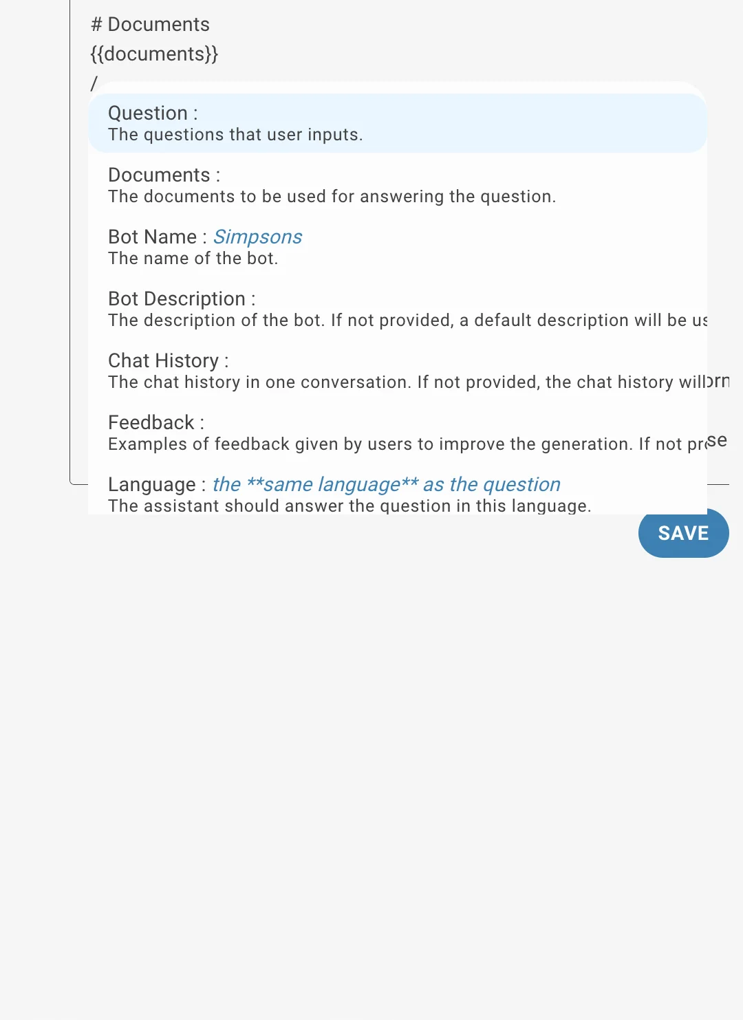 Report Generator AI block settings prompt variables