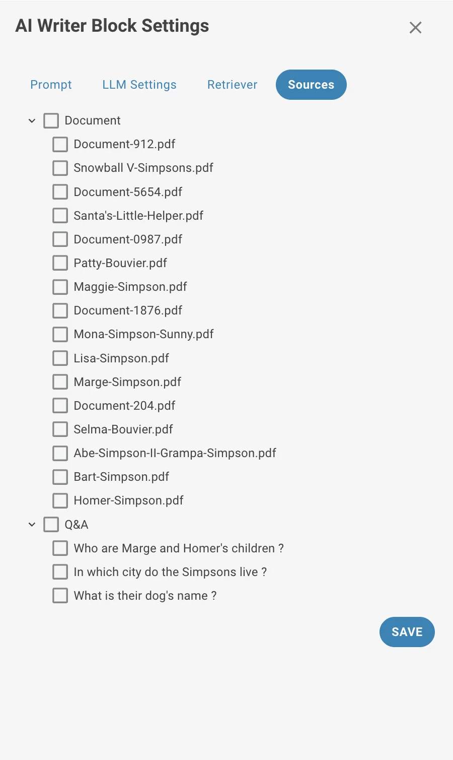 Report Generator AI block settings sources
