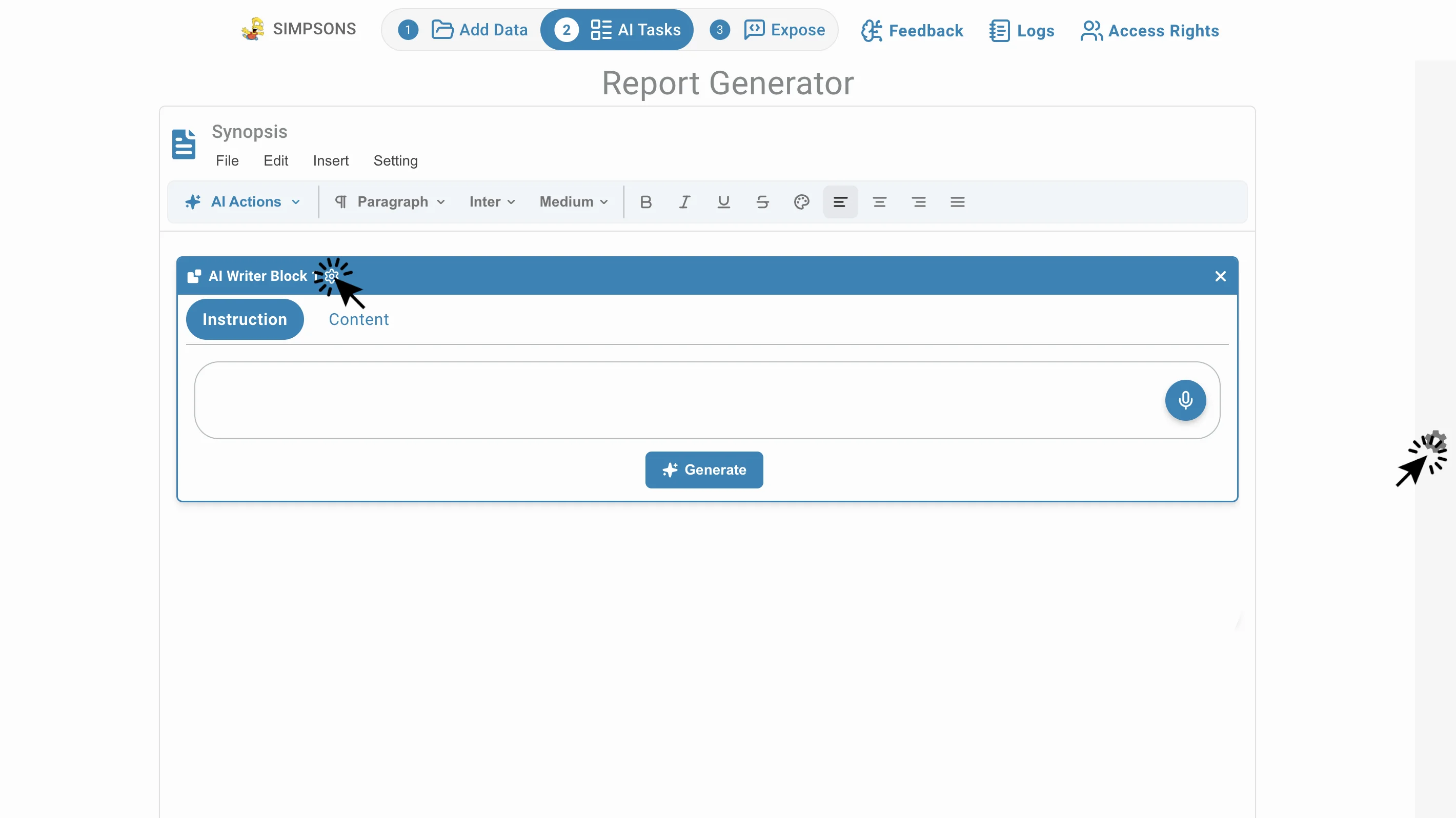 Report Generator AI block settings