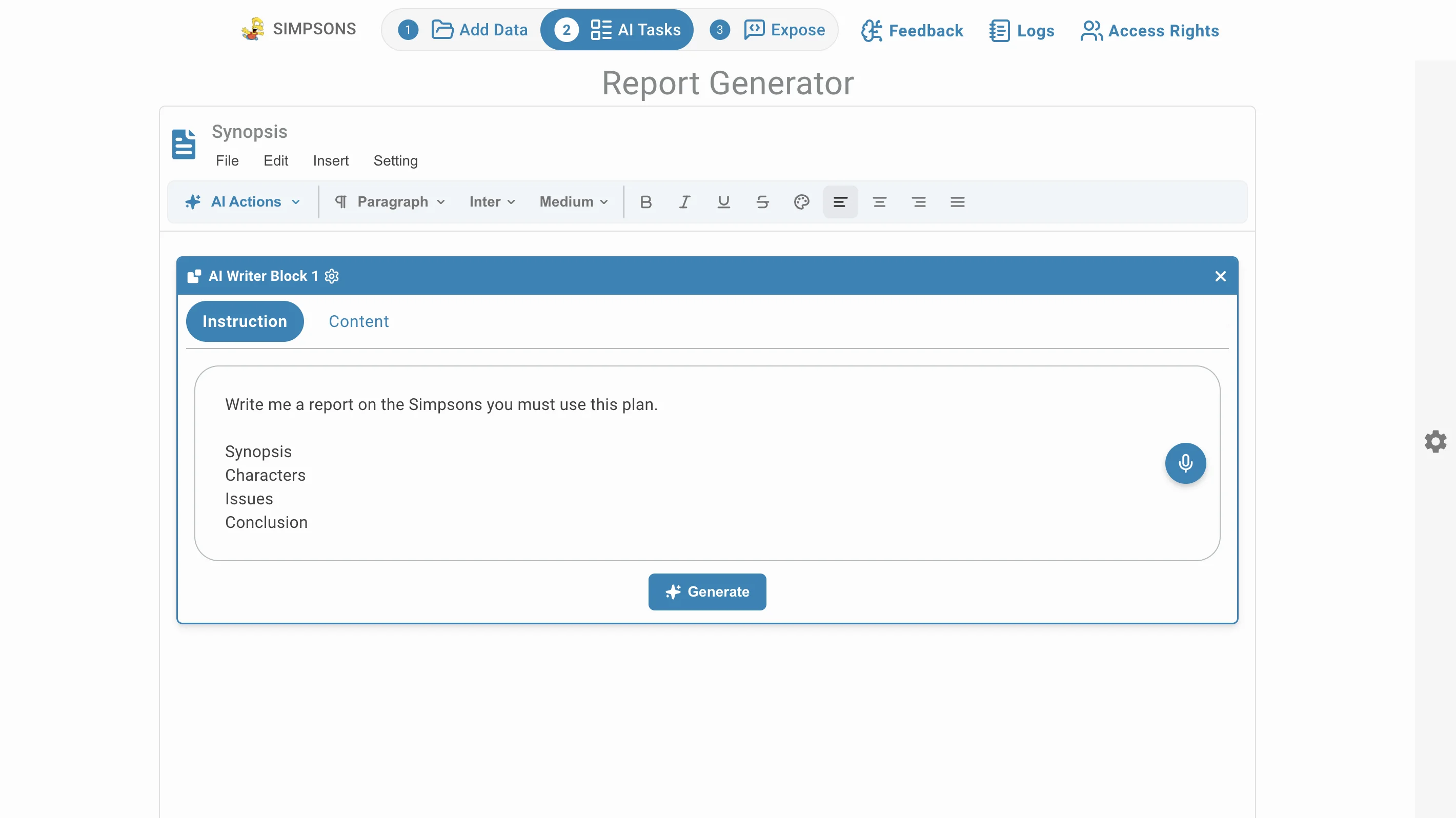 Report Generator AI bloc prompt