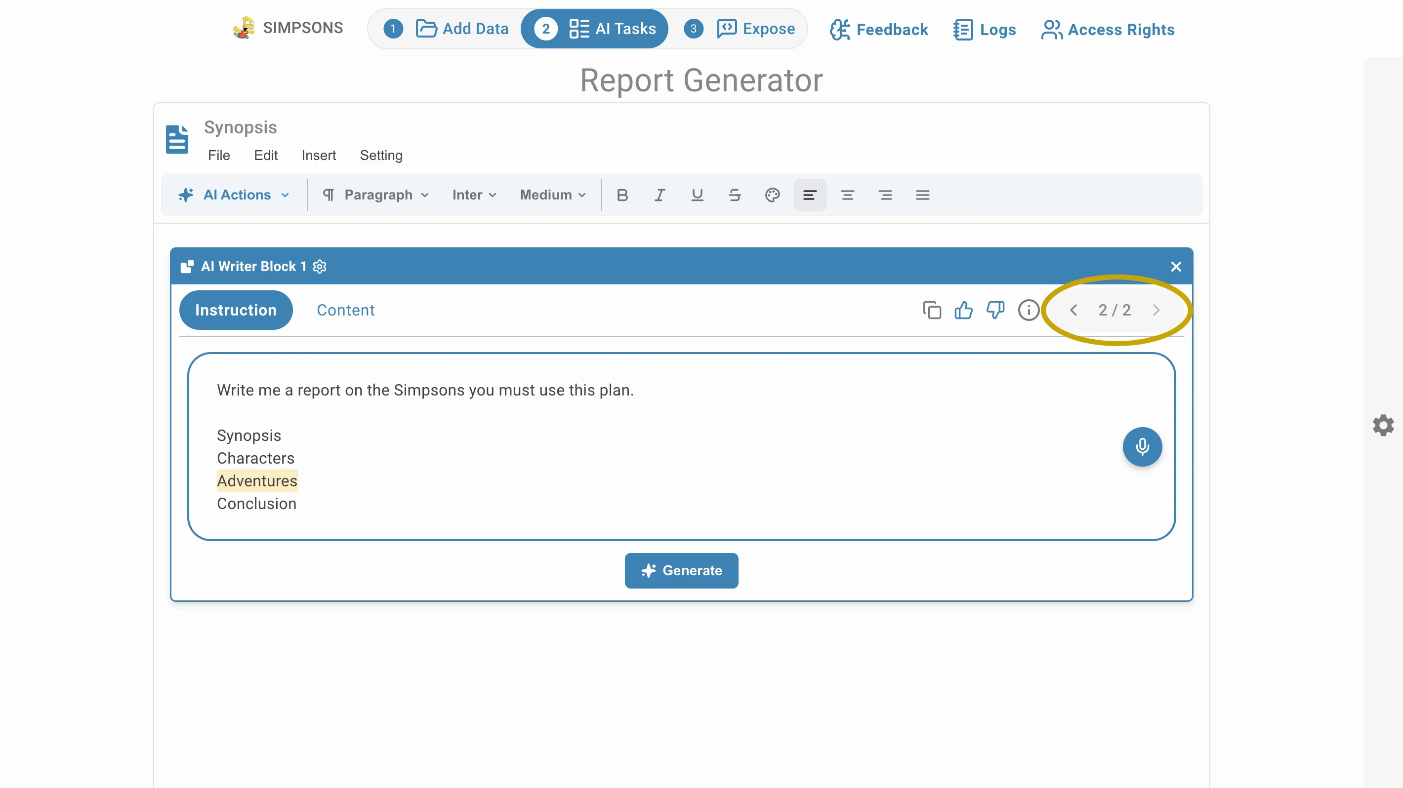AI Task report generator version switcher