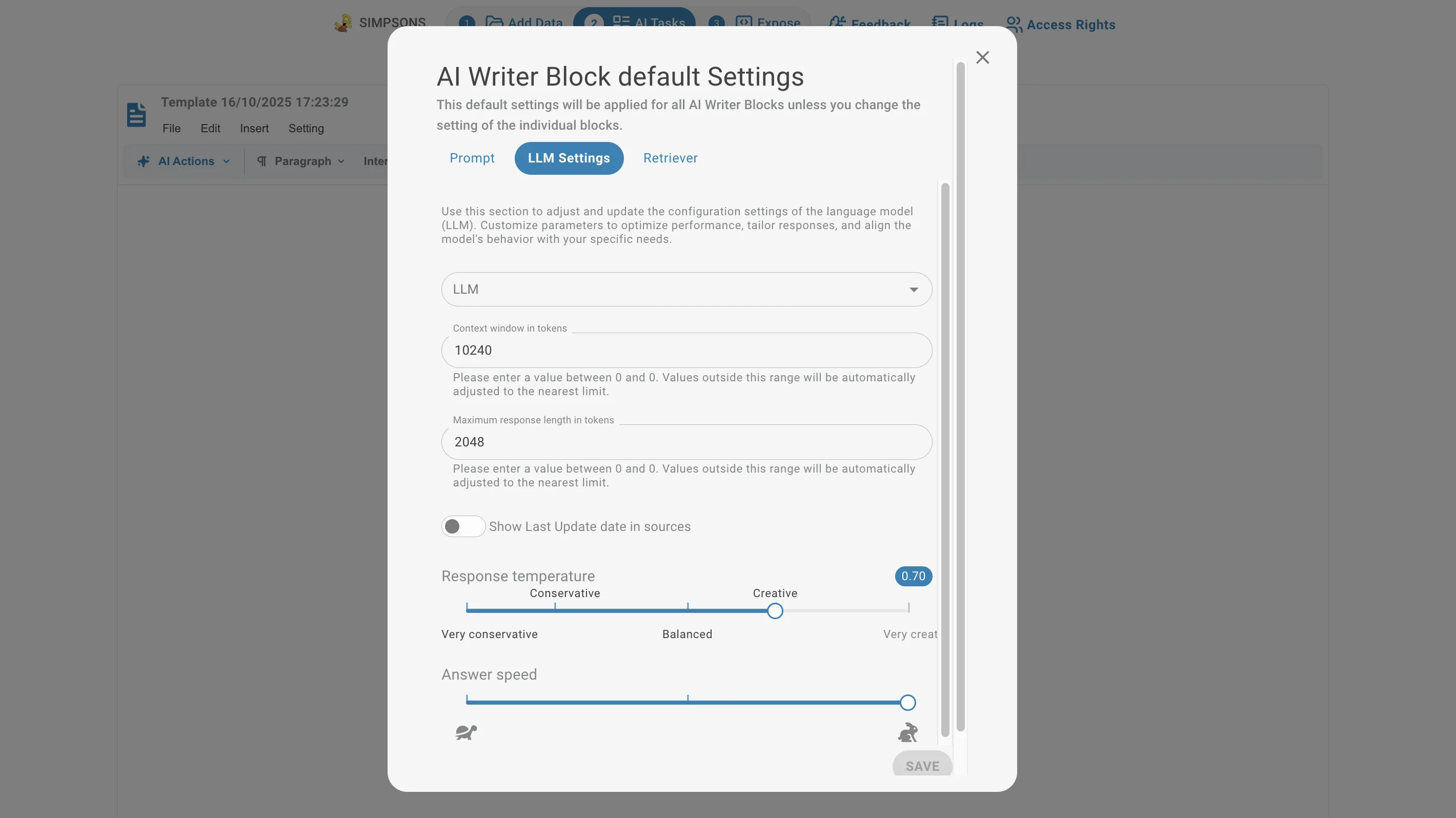 Report Generator pages settings LLM settings