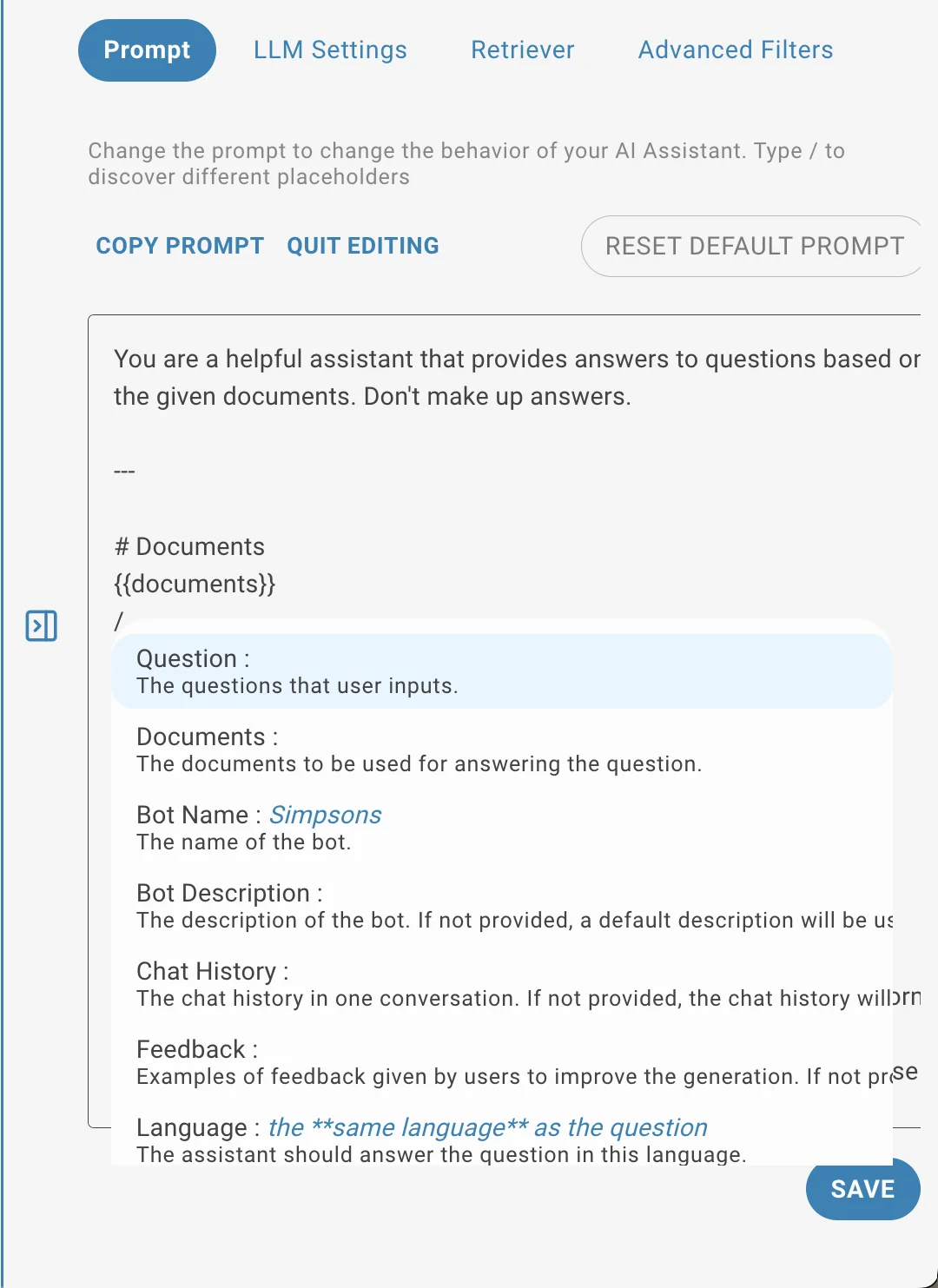 AI Task prompt variables list