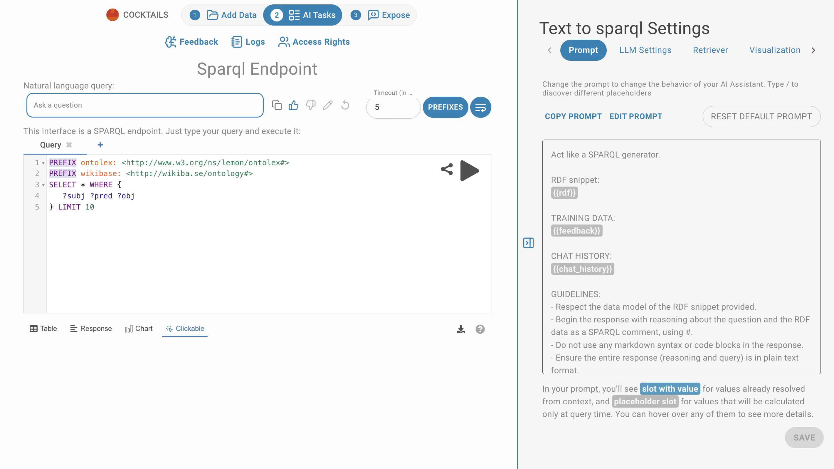 Sparql pages settings Prompt settings